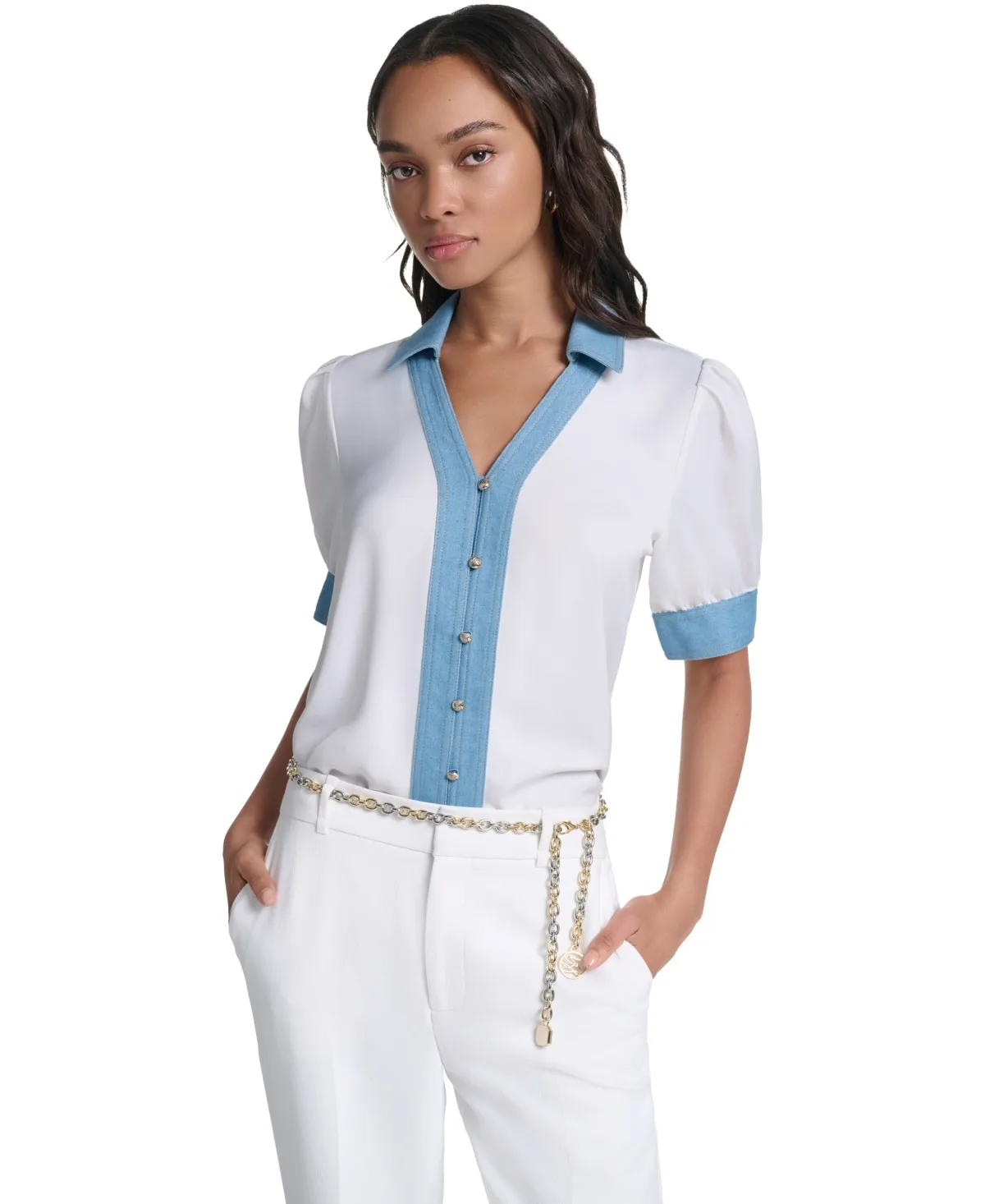 Denim Collar Button-Front Blouse by Karl Lagerfeld Paris