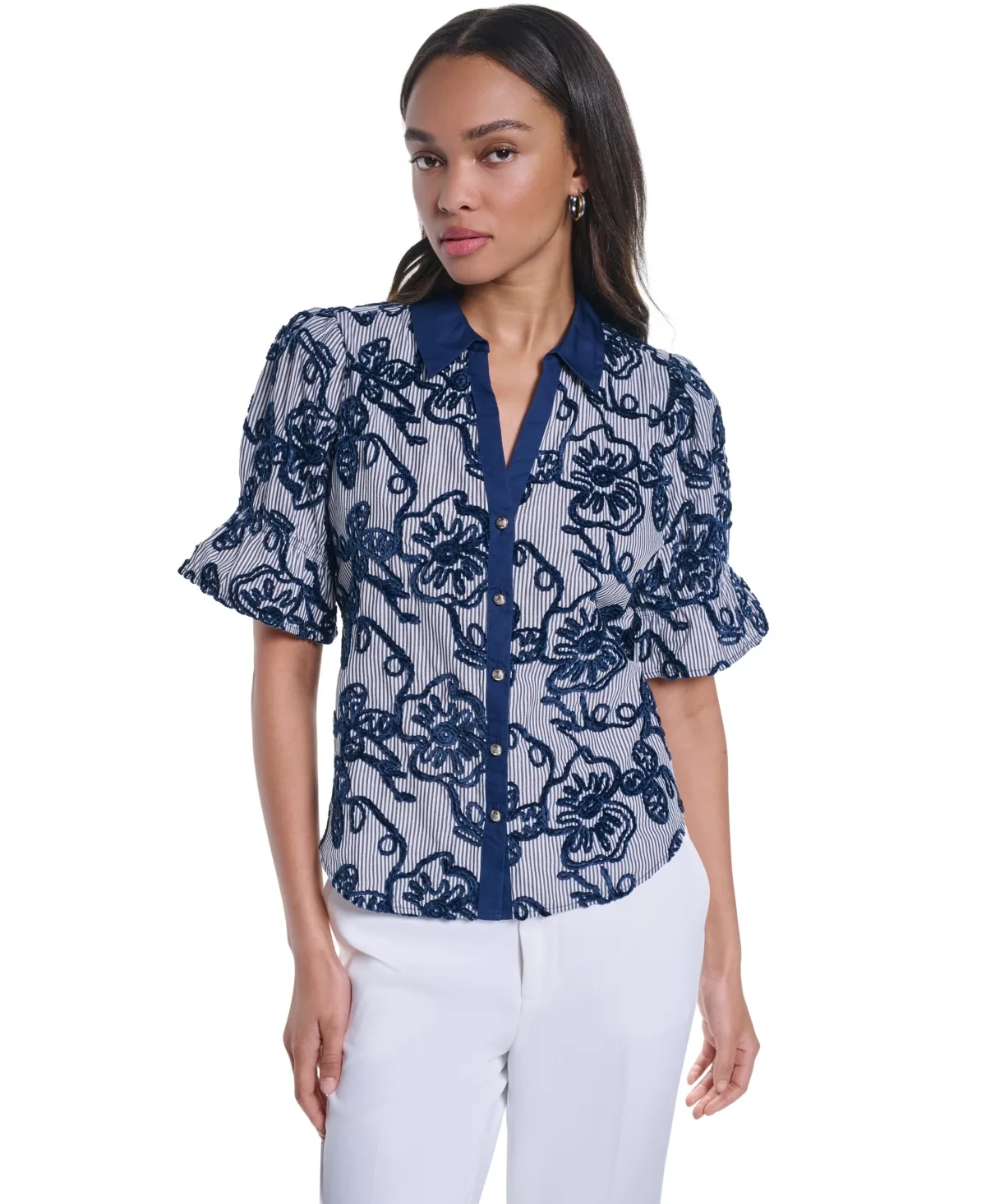 Velvet Embroidery Button-Front Blouse by Karl Lagerfeld Paris