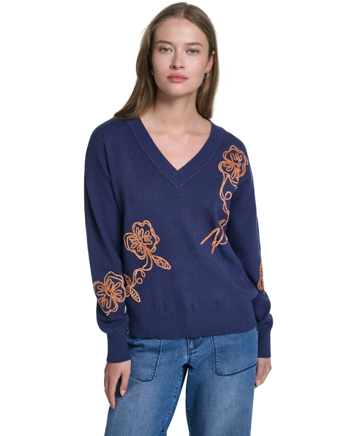 Karl Floral Embroidery V-Neck Sweater by Karl Lagerfeld Paris