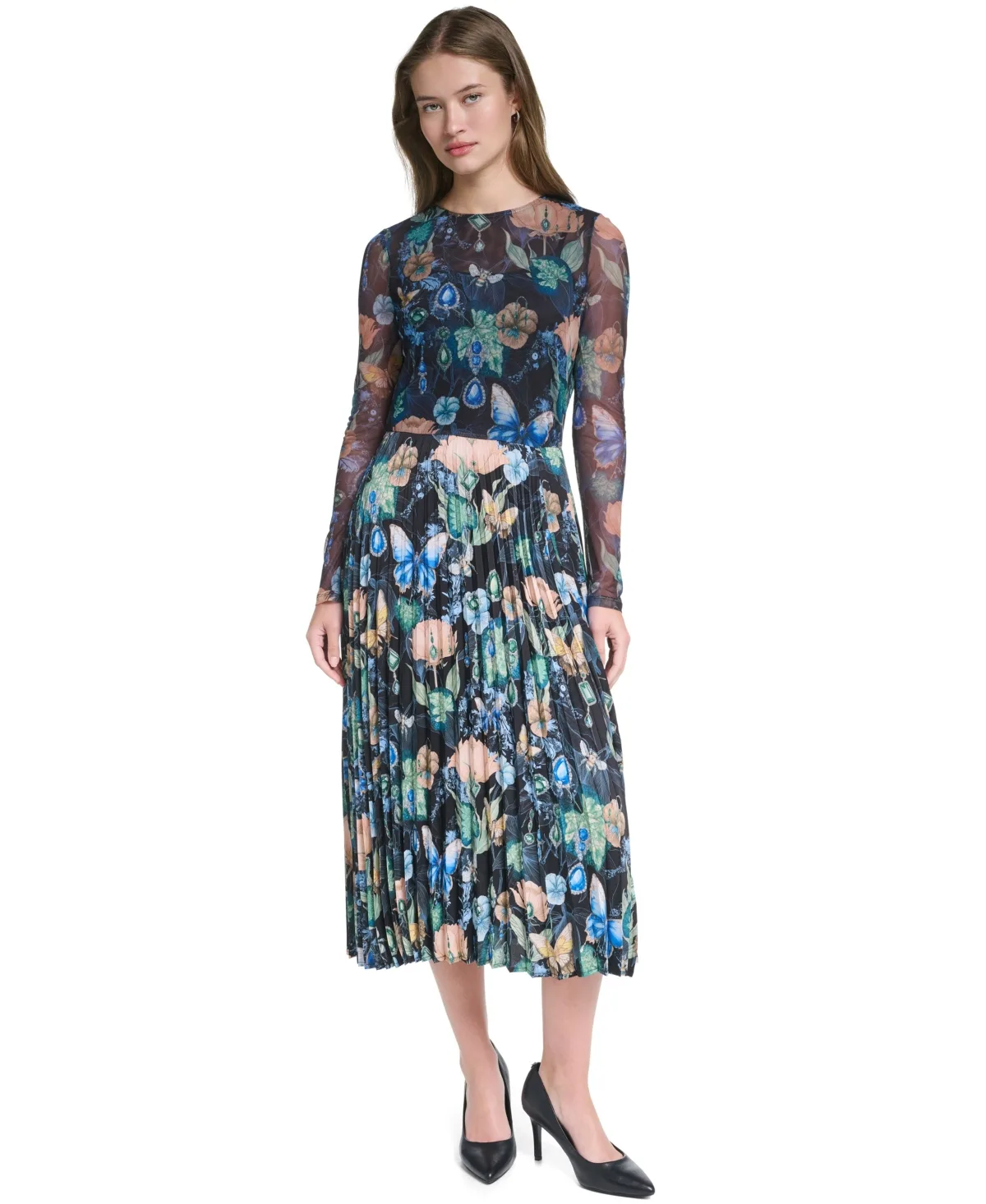 Printed Mesh Long-Sleeve Crewneck Dress by Karl Lagerfeld Paris