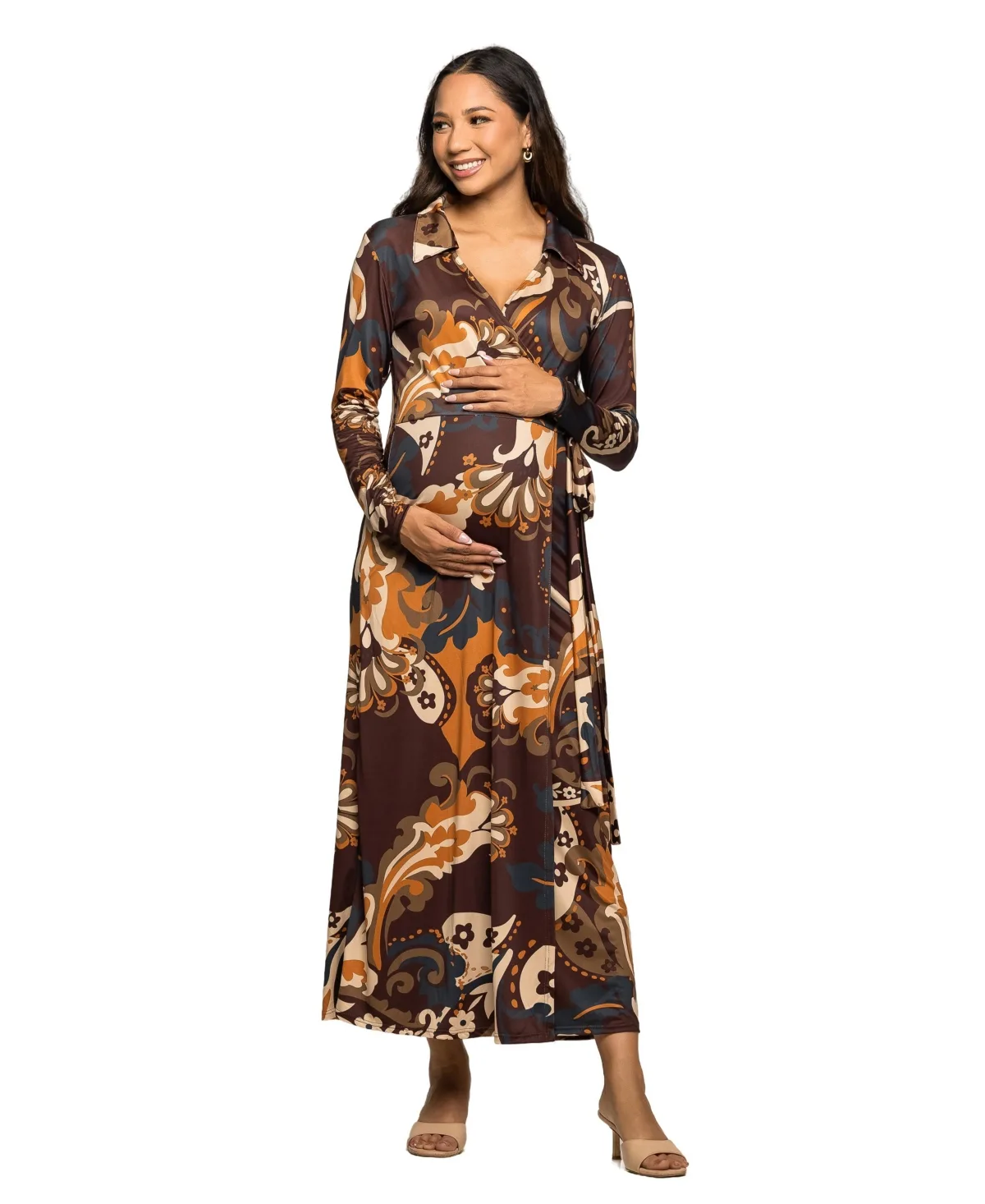 Maternity Brown Paisley Empire Waist Maxi Dress by 24seven Comfort Apparel