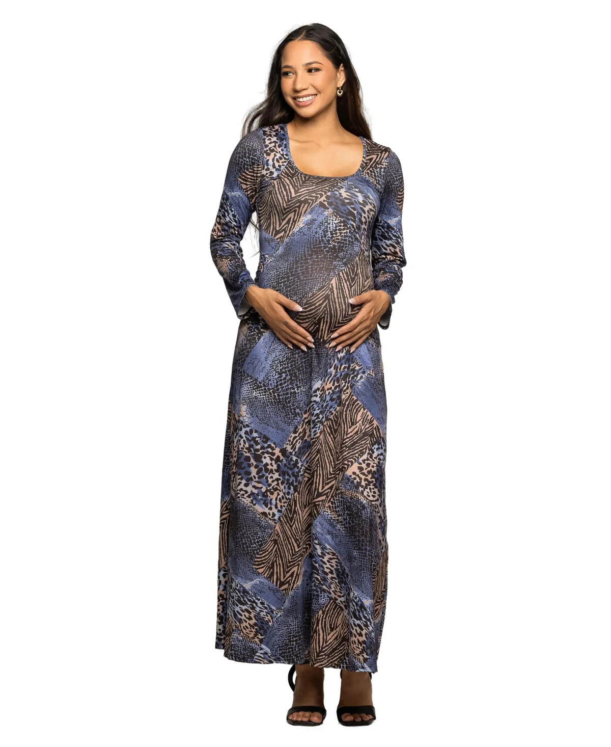 Maternity Blue Animal Print Long Sleeve Maxi Dress by 24seven Comfort Apparel