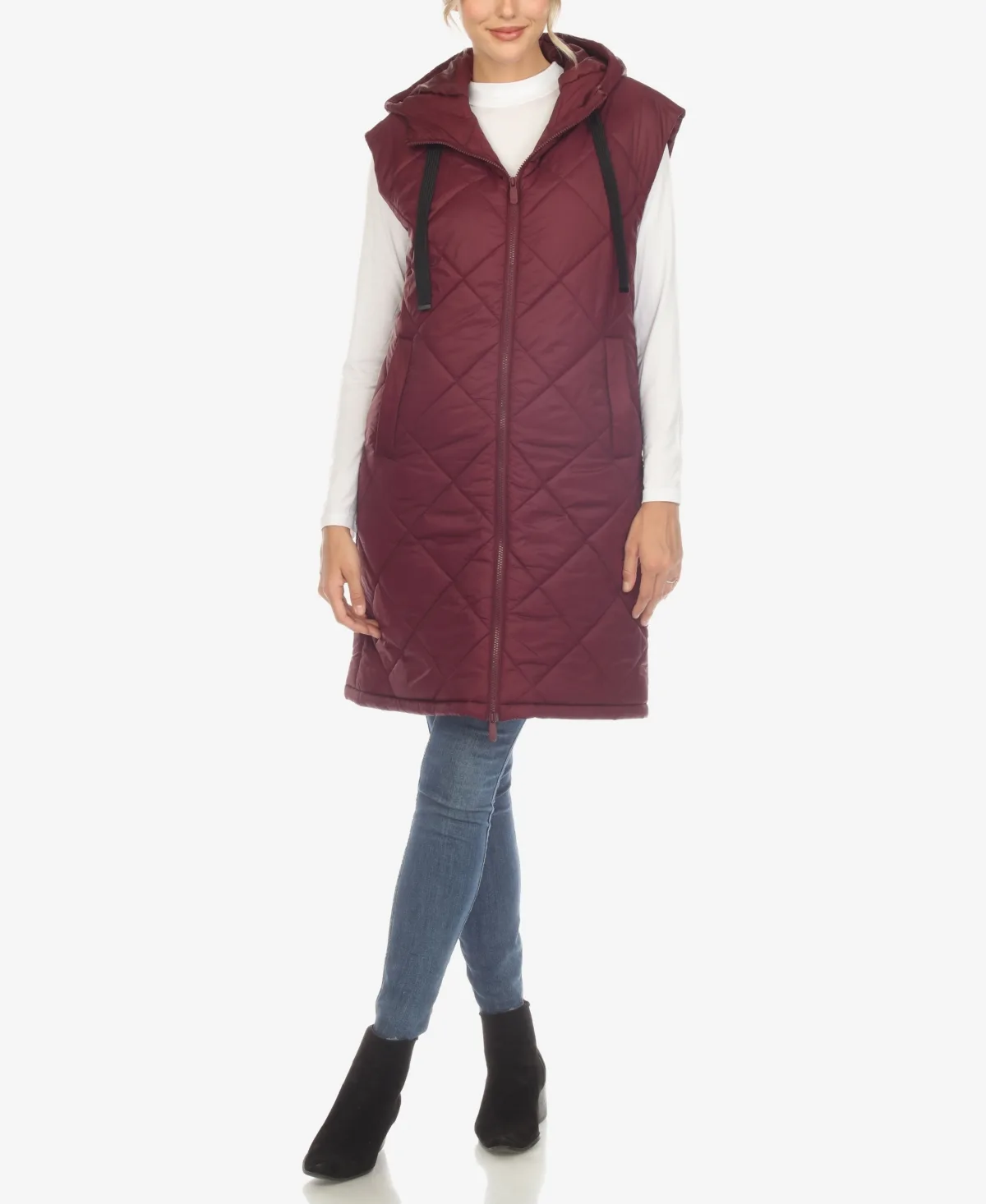 Diamond Quilted Hooded Long Puffer Vest Jacket by White Mark