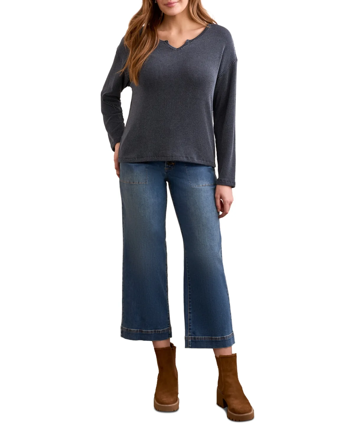 Long Sleeve Notch Collar Top by Tribal