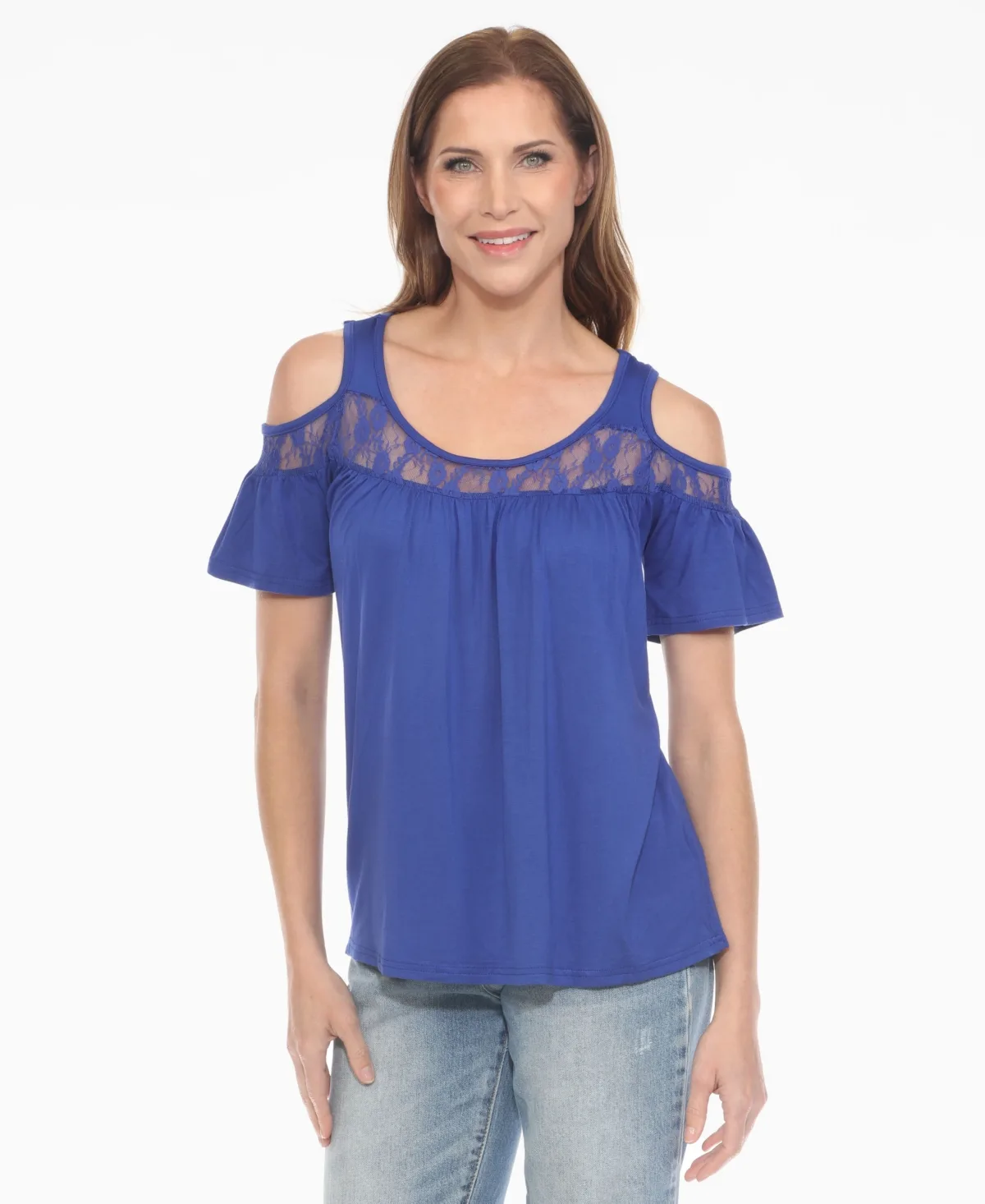 Cold Shoulder Lace Trim Knit Top by White Mark