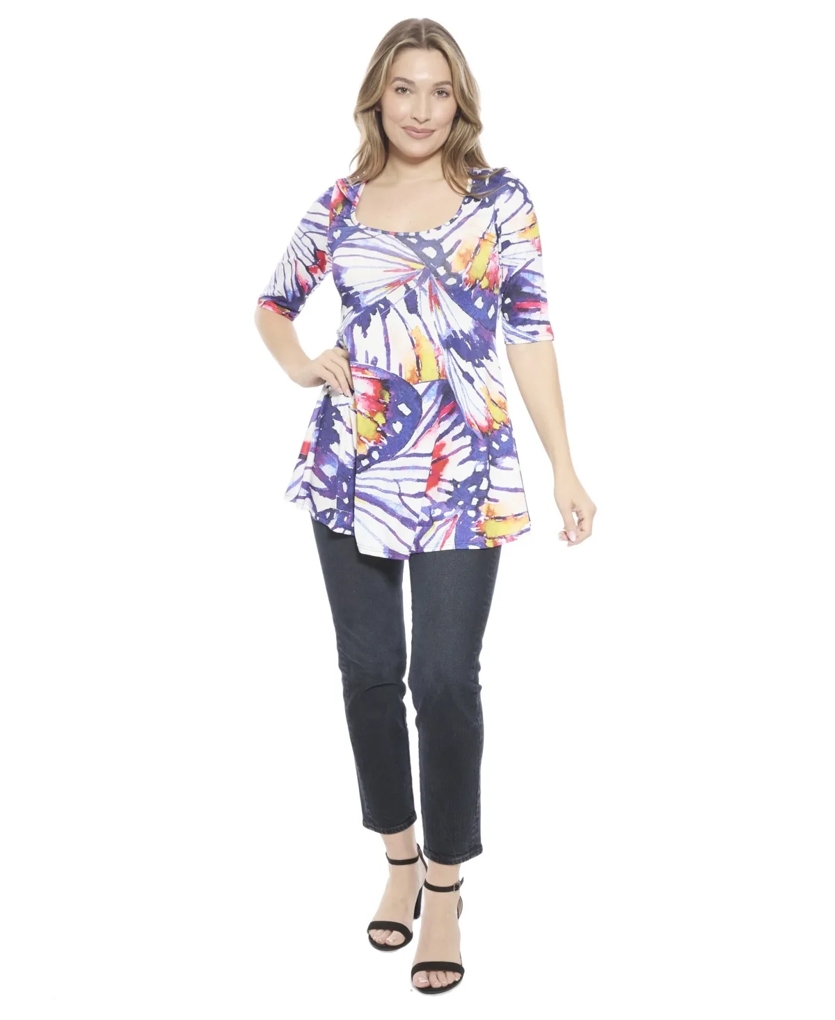 Butterfly Scoop Neck Elbow Sleeve Tunic Top by 24seven Comfort Apparel