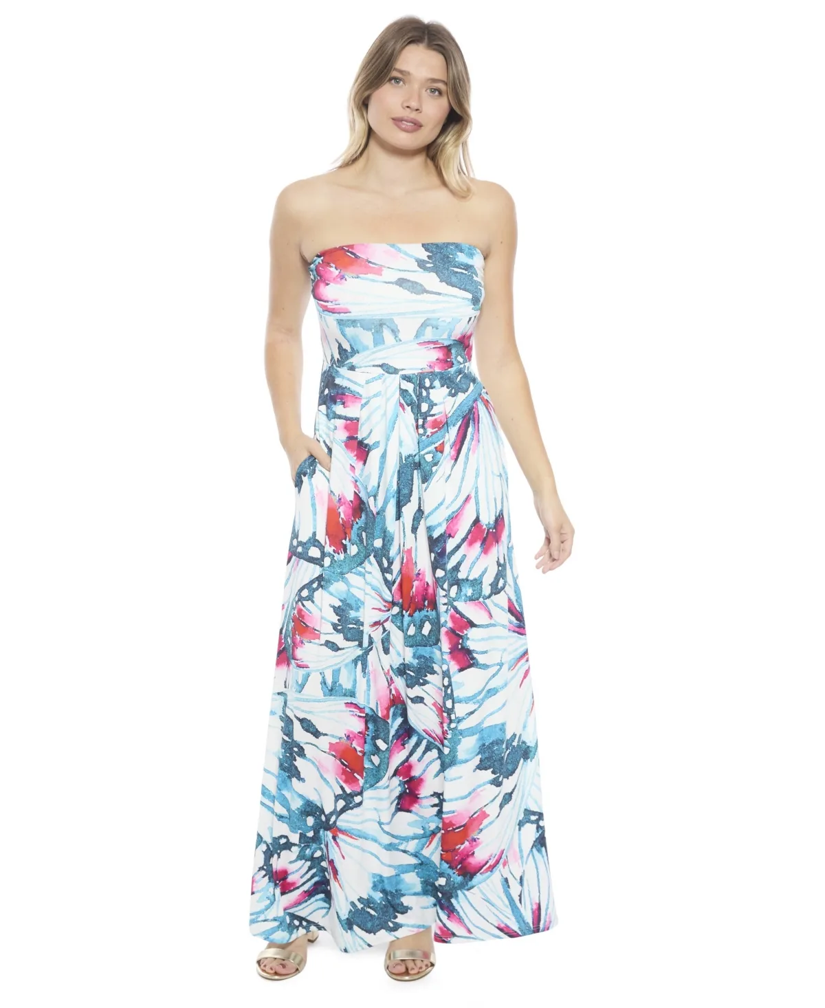 Butterfly A-Line Strapless Pocket Maxi Dress by 24seven Comfort Apparel