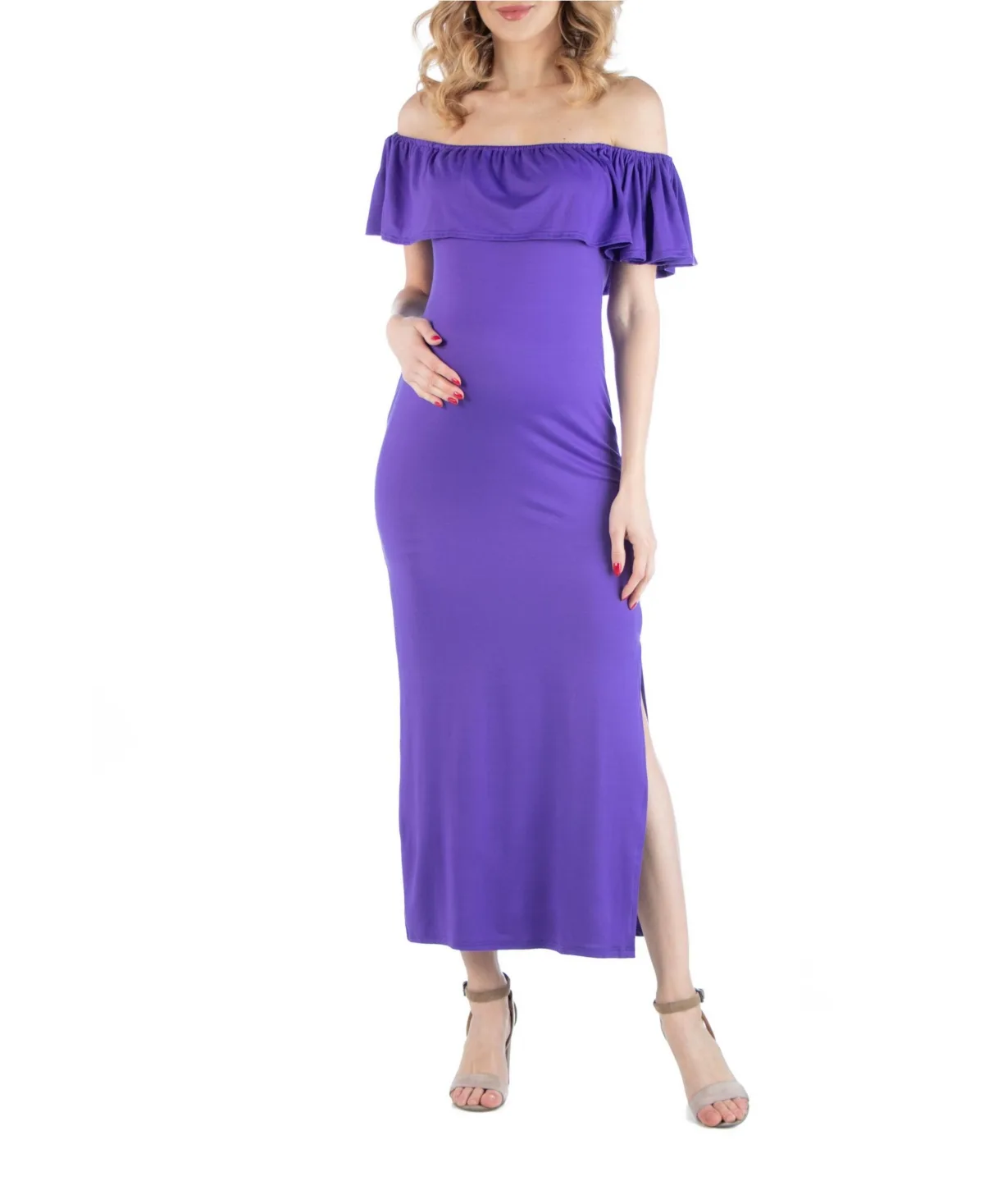 Off Shoulder Ruffle Detail Maternity Maxi Dress by 24seven Comfort Apparel
