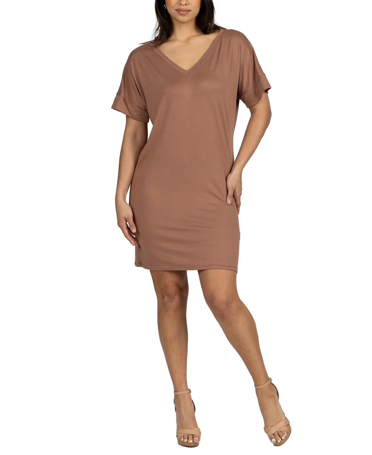 Solid Color Loose Fit V Neck T Shirt Style Knee Length Dress by 24seven Comfort Apparel