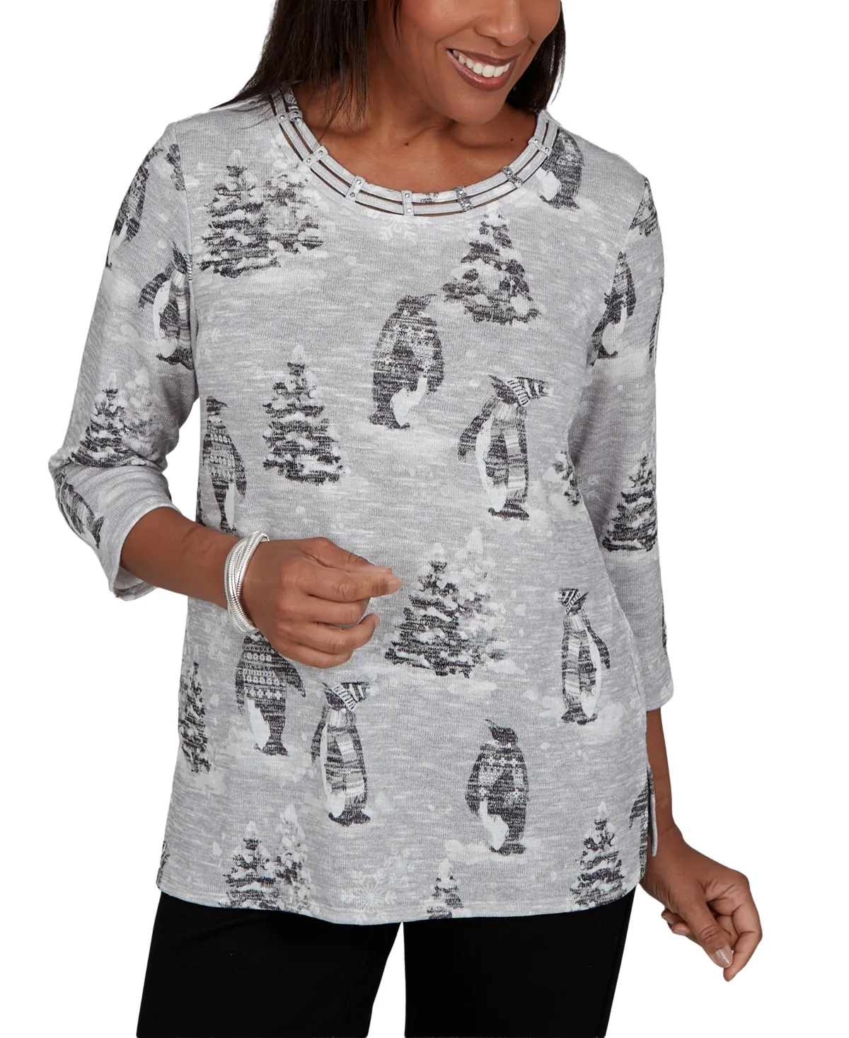 Classic Penguins and Trees Knit Top by Alfred Dunner