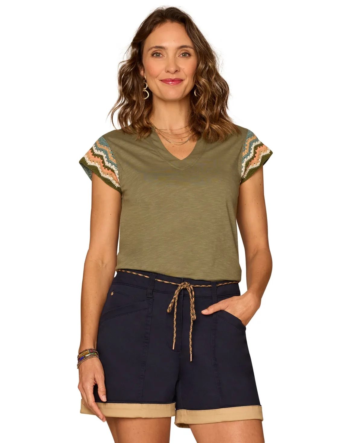 Crochet Cap-Sleeve Notched Neck Knit Top by Democracy