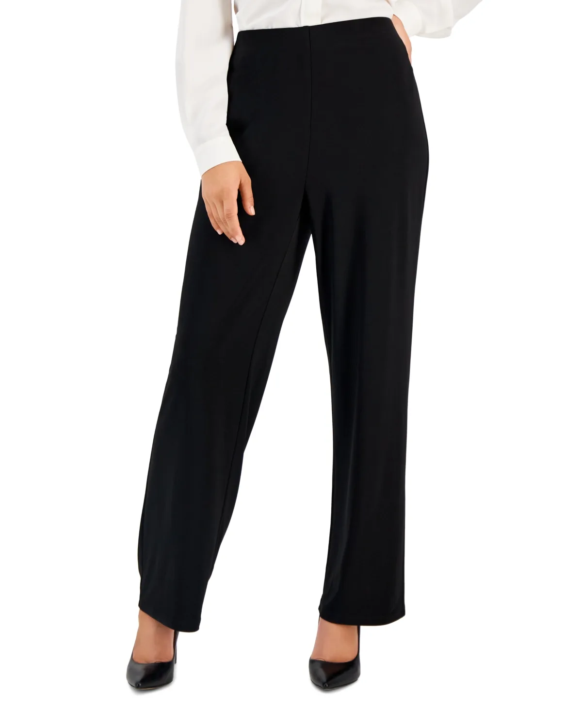 Solid Wide-Leg Pull-On Knit Pants by Anne Klein Essentials