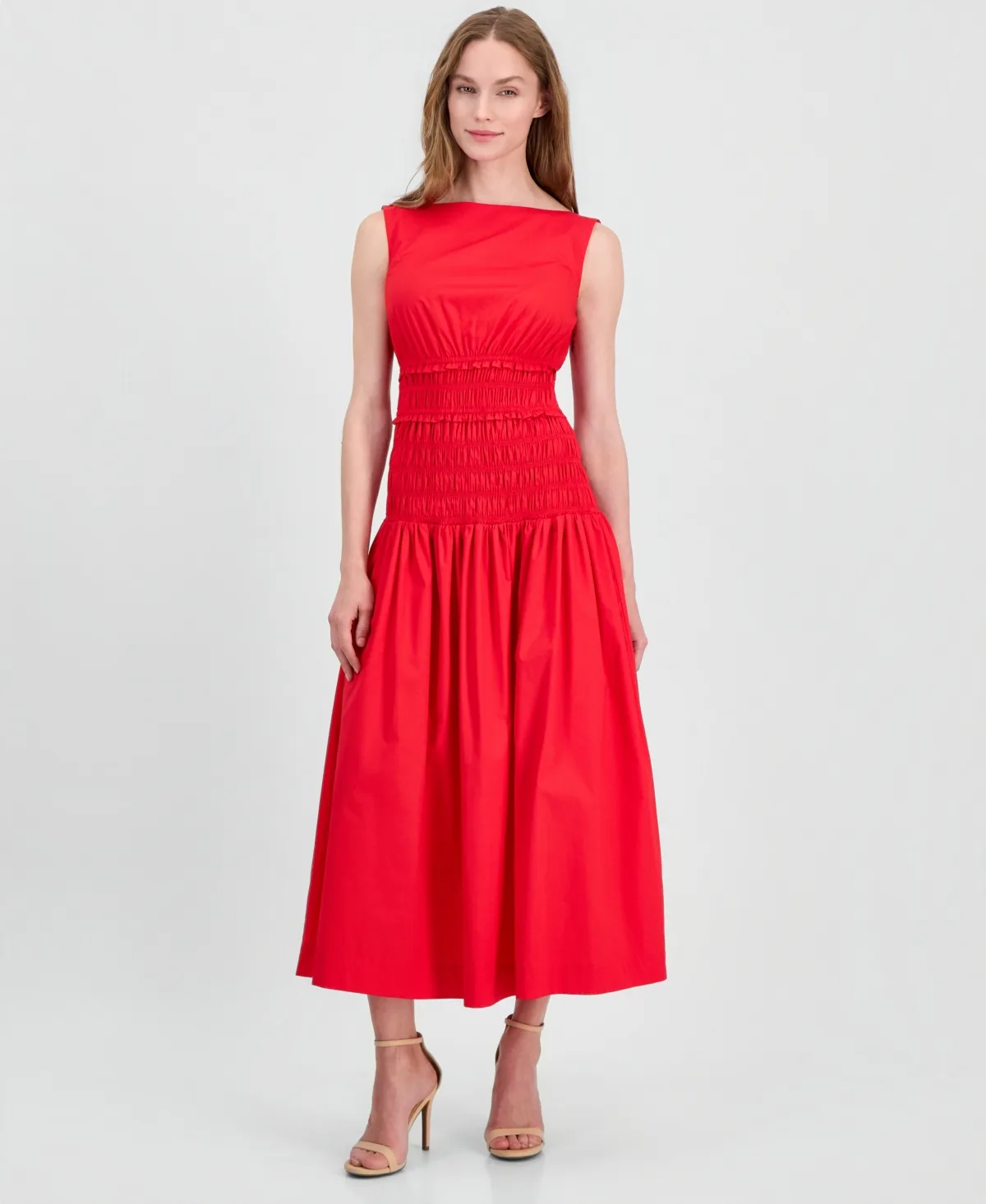 Smocked Boat Neck Midi Dress by Anne Klein