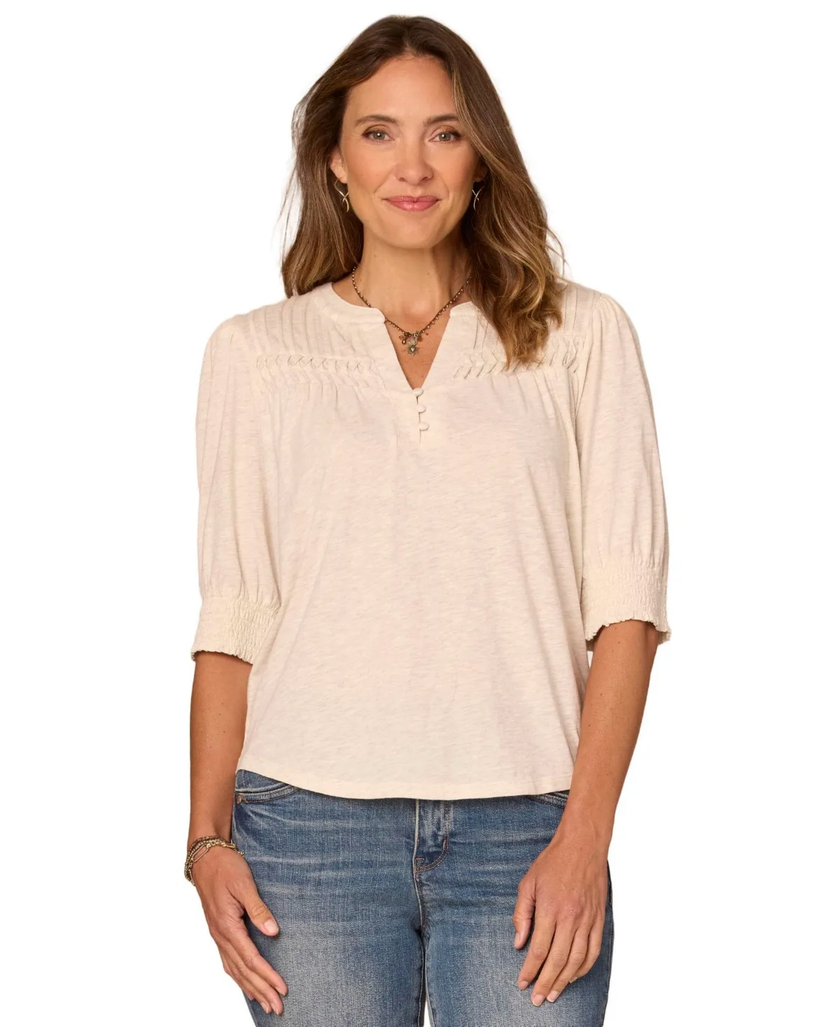 Blouson-Sleeve Mandarin Collar Knit Top by Democracy