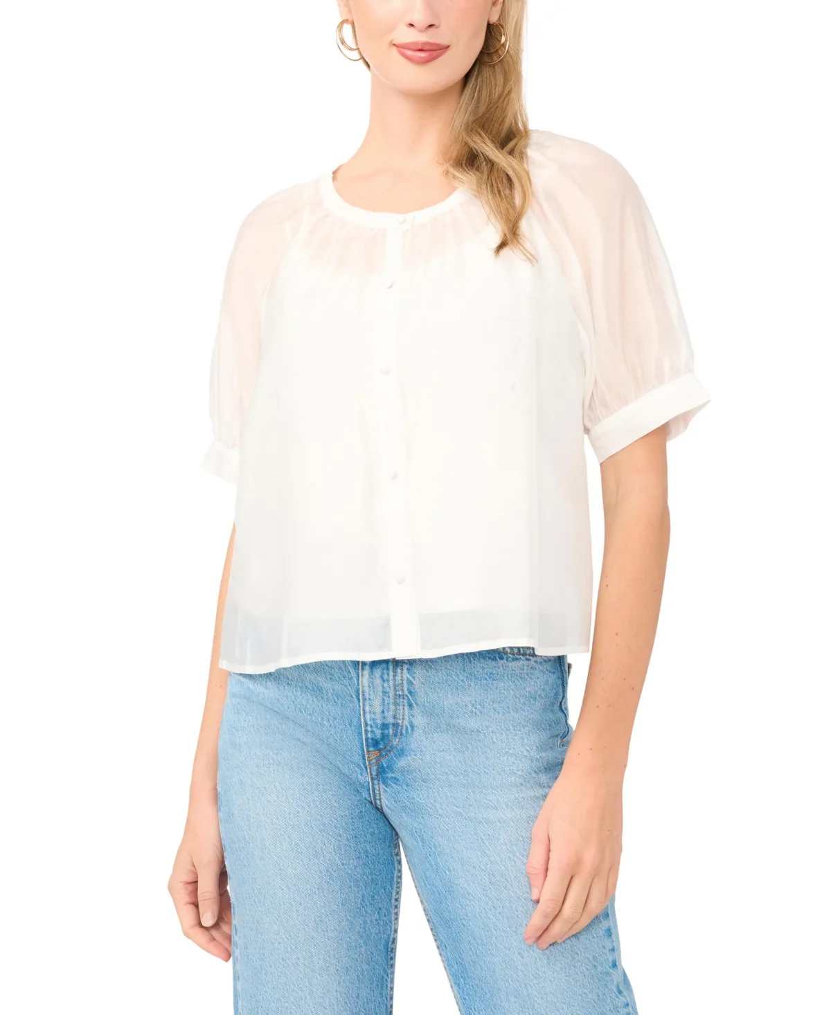 Crewneck Button Down Short-Sleeve Flowy Top by Vince Camuto
