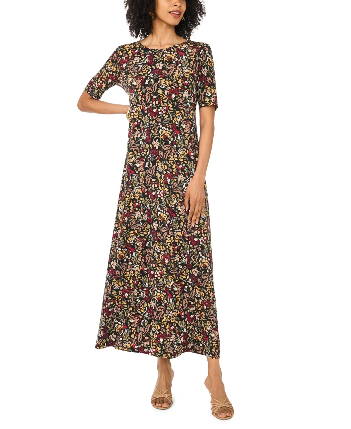 3/4-Sleeve Crewneck Maxi Dress