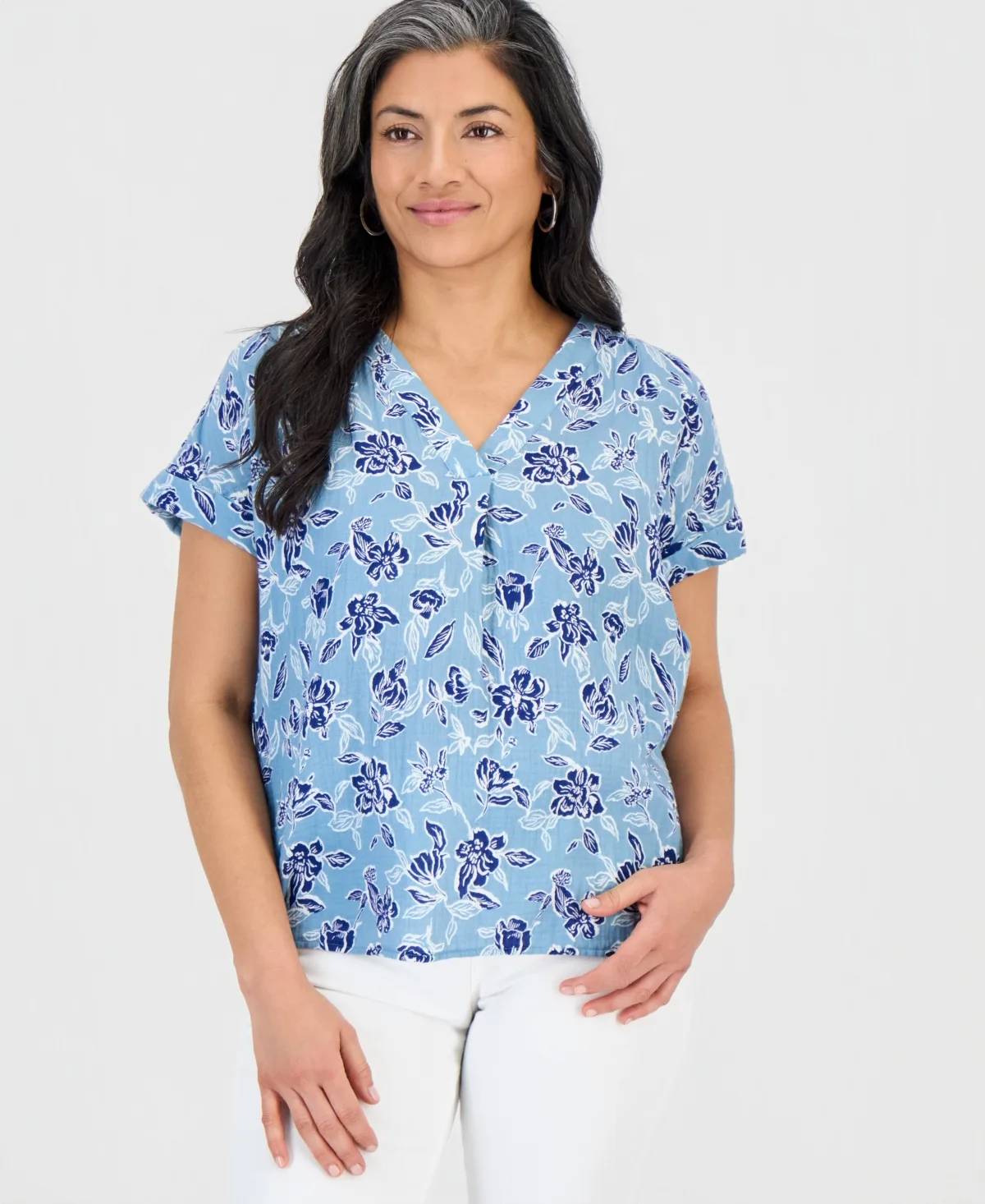 Cotton Gauze V-Neck Short-Sleeve Top