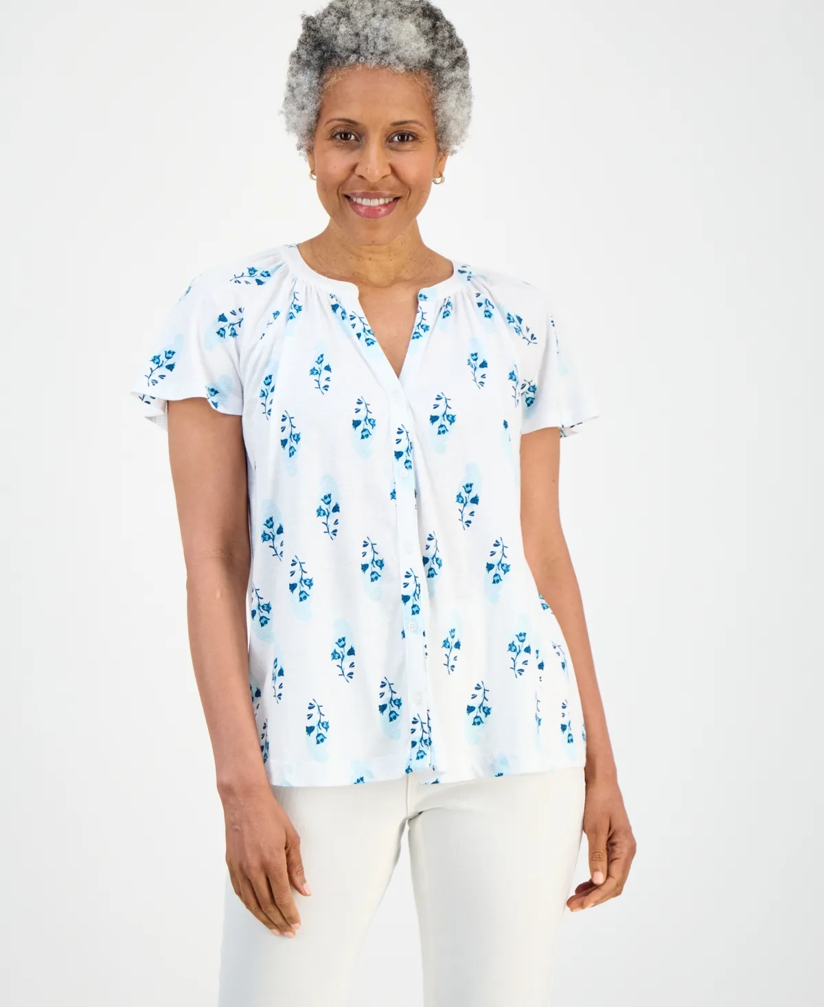 Printed Button-Front Short-Sleeve Top by Style & Co