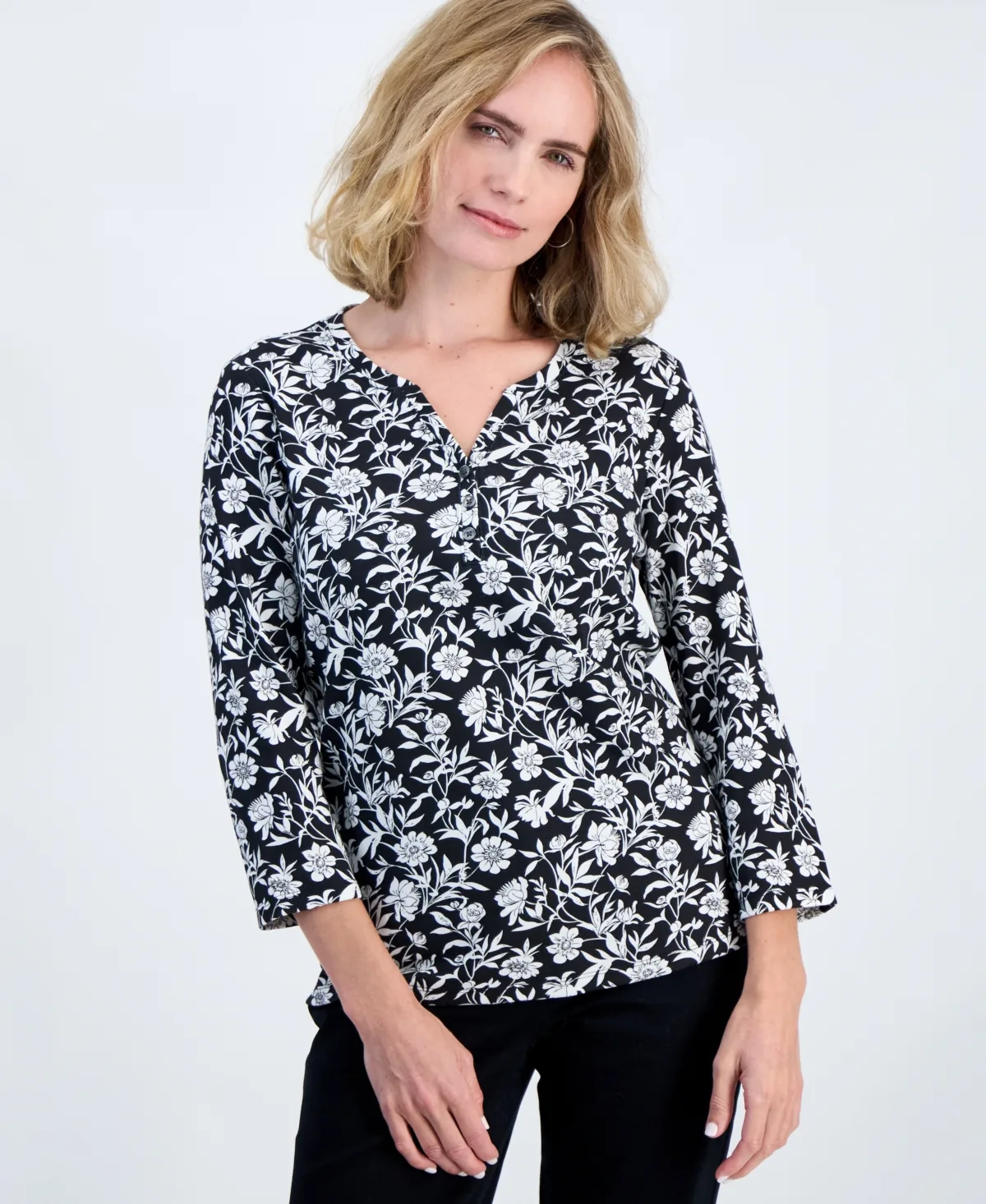 Glistening Flora 3/4-Sleeve Henley Top by Style & Co