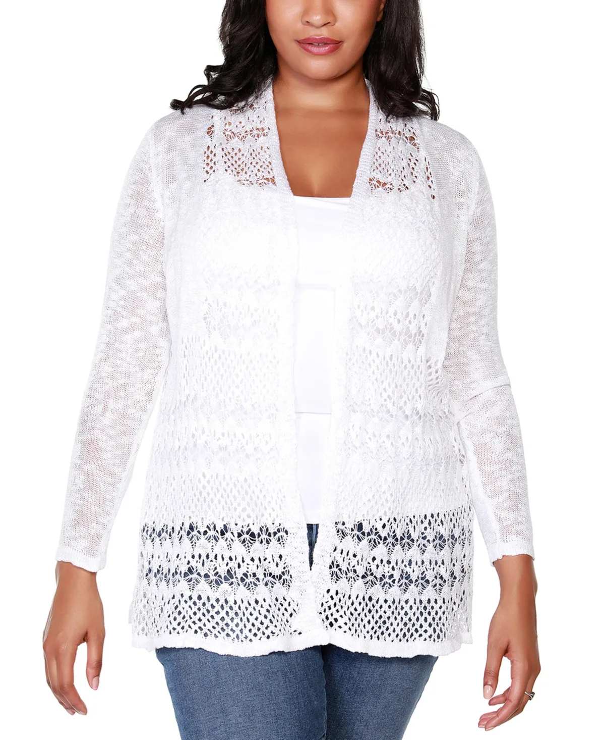 Open-Front Pointelle-Trim Cardigan Sweater by Belldini