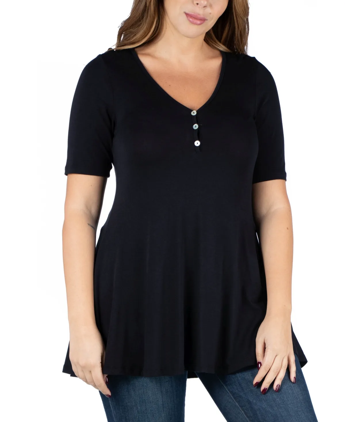 Elbow Sleeve Henley Tunic Top by 24seven Comfort Apparel