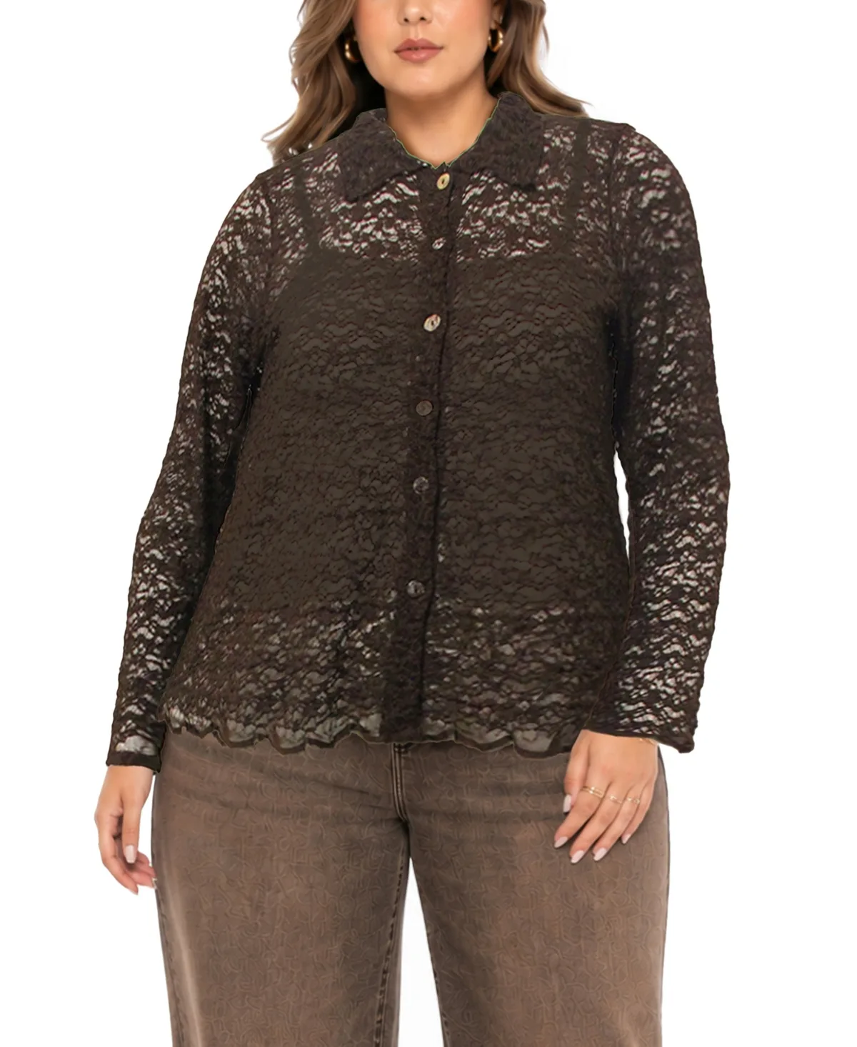 Floral Edge Lace Button-Front Shirt by Coin 1804