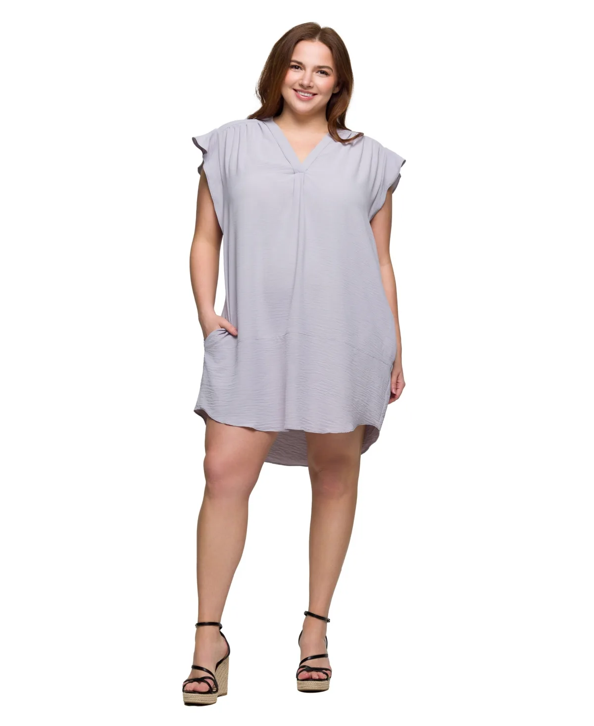 V-Neck Cap Sleeve Knee Length Pocket Dress by 24seven Comfort Apparel