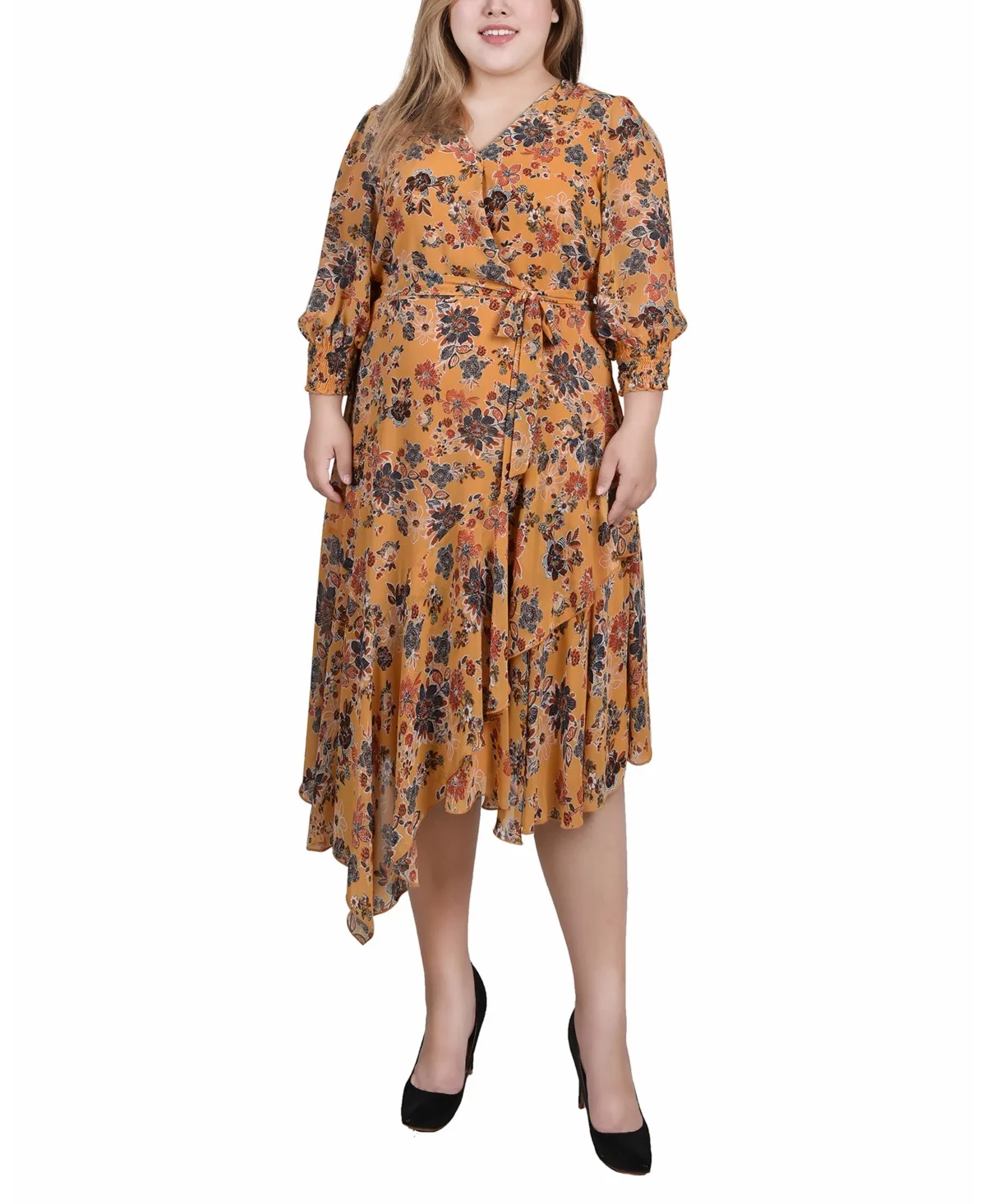 3/4 Sleeve Belted Chiffon Handkerchief Hem Dress
