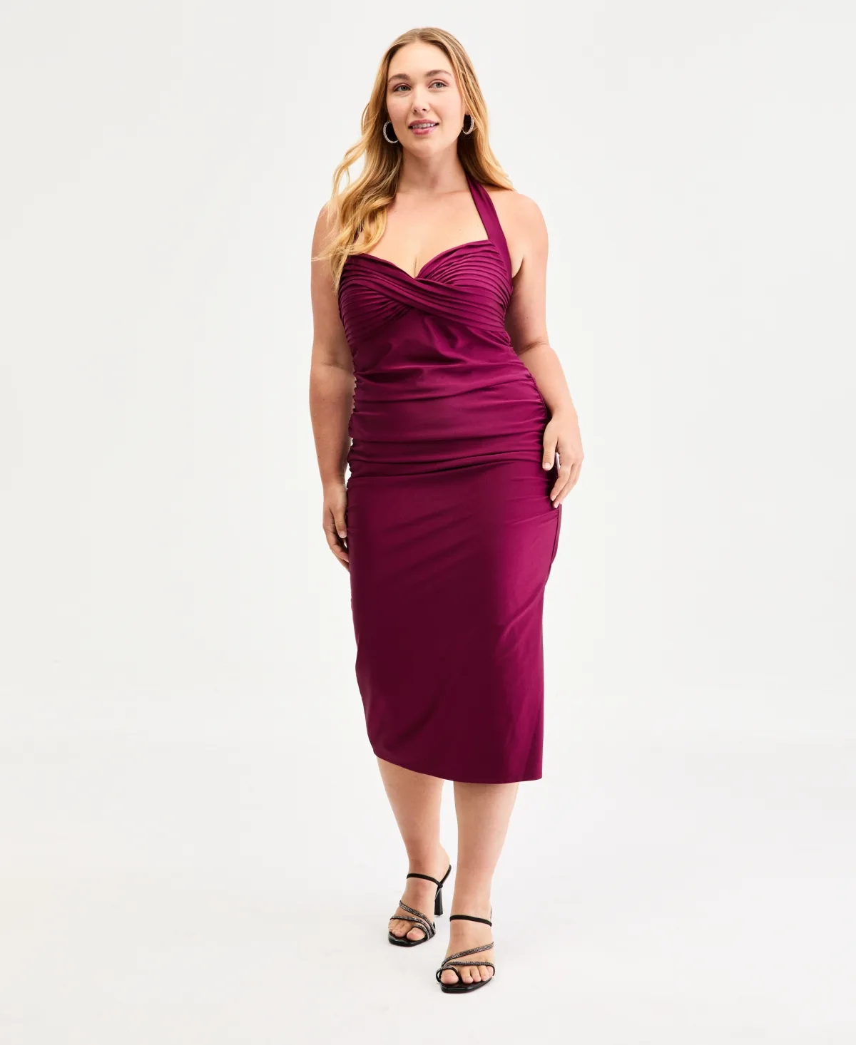Pleated Bodice Halter Midi Dress by Emerald Sundae