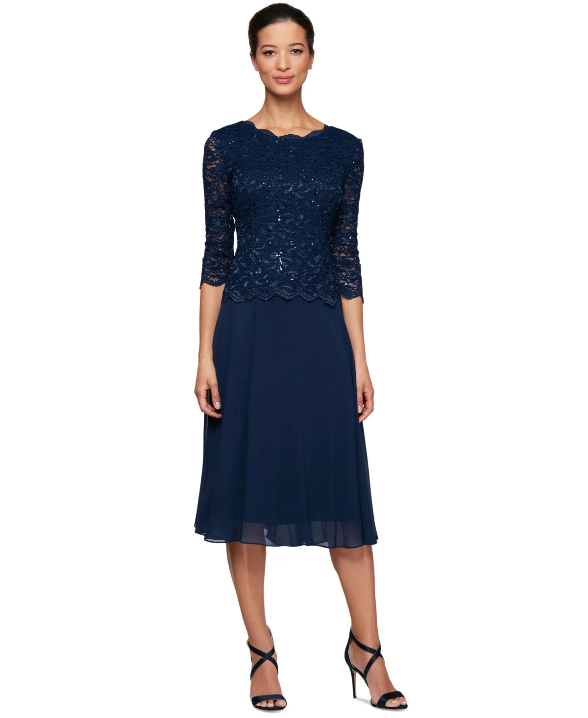Sequined Lace Contrast Dress by Alex Evenings