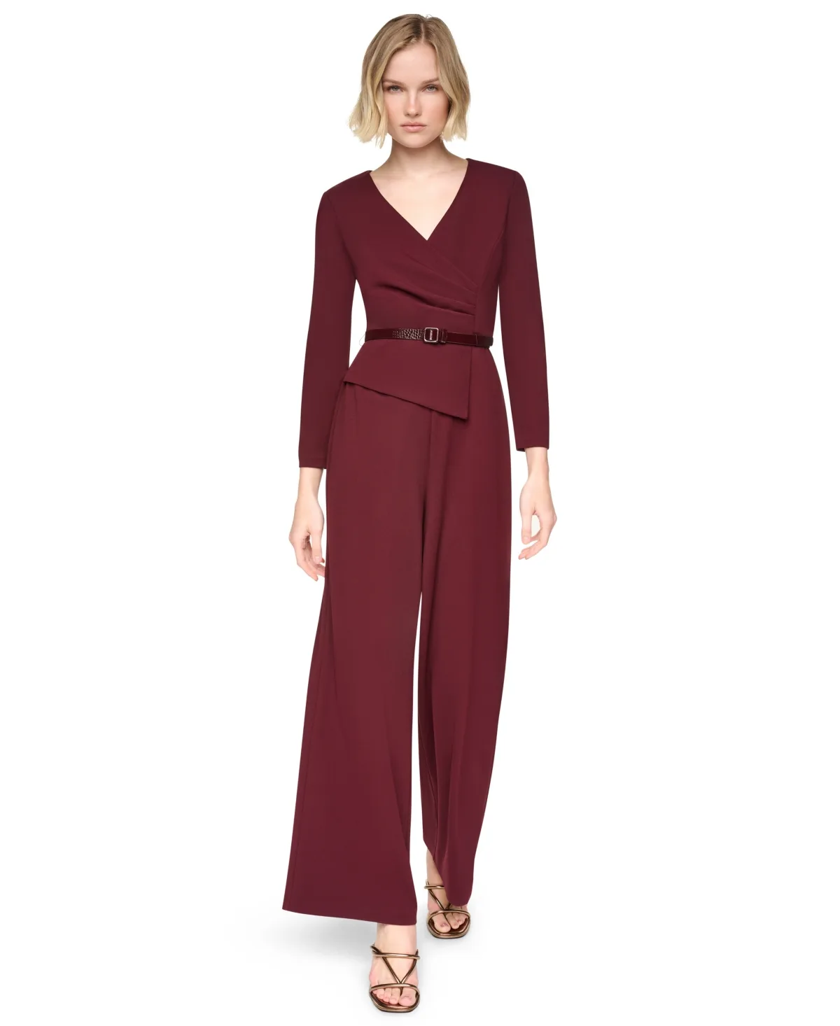 Long Sleeve V-Neck Belted Wide-Leg Jumpsuit by Dkny