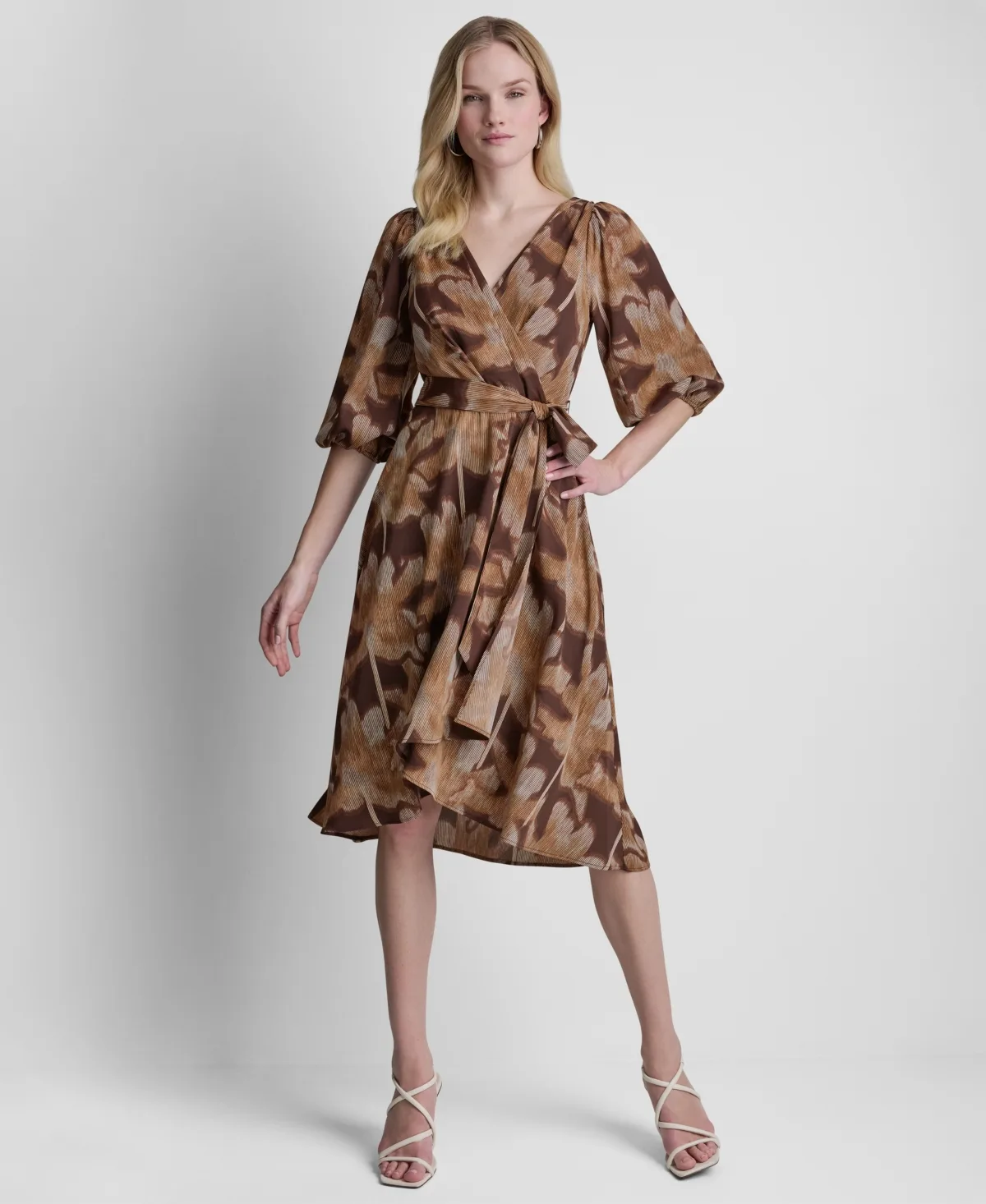 Balloon-Sleeve Faux Wrap Midi Dress by Dkny