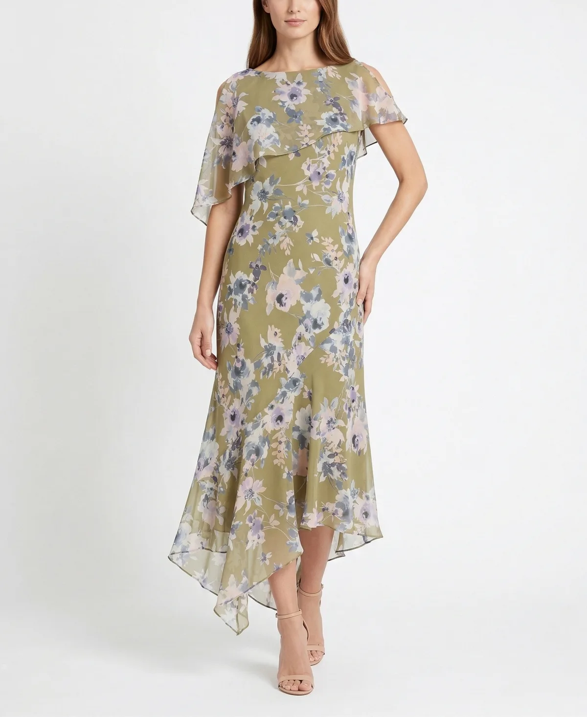 Floral Print Capelet Fit & Flare Crewneck Polyester Dress by Taylor