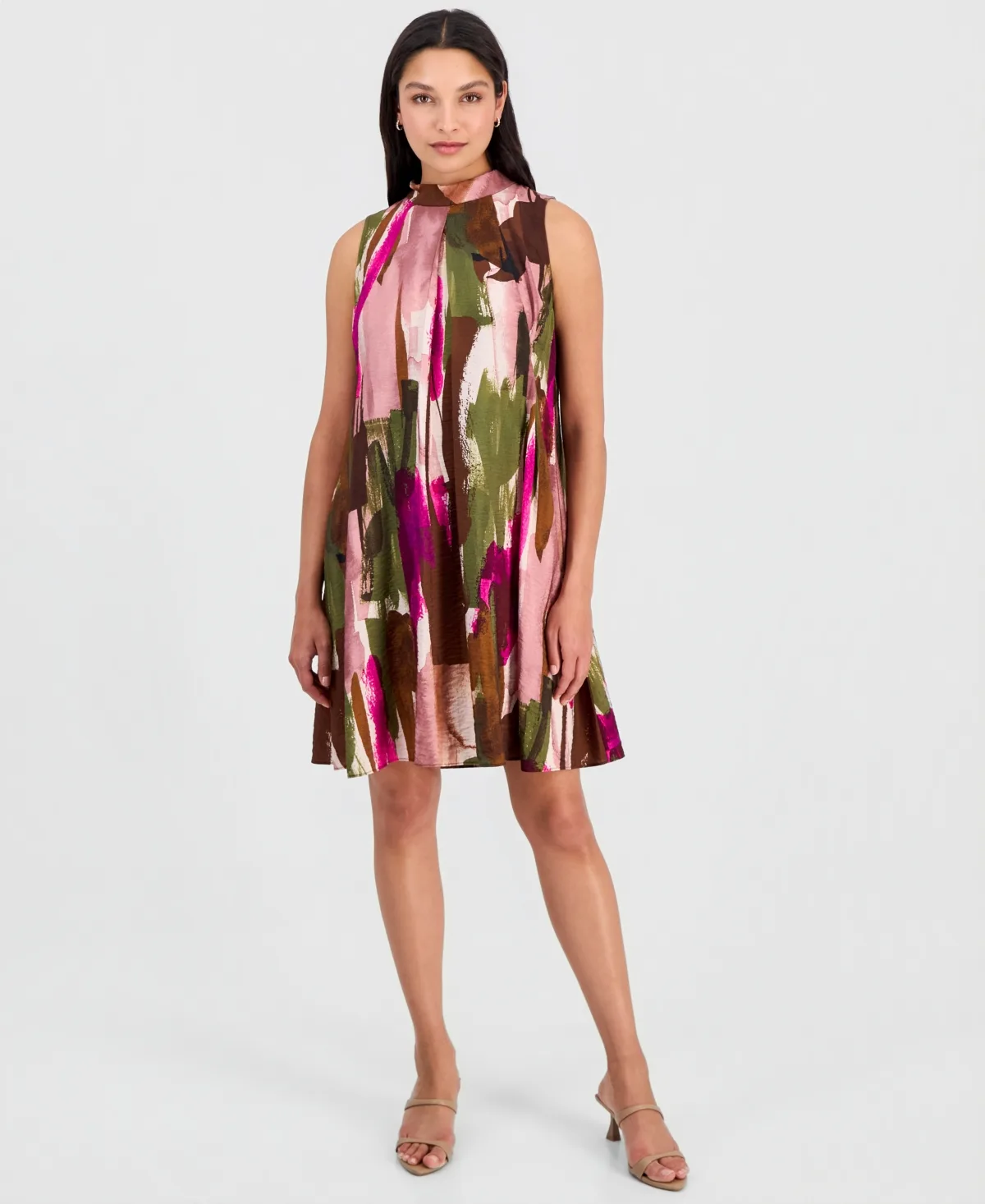 Printed Mock-Neck Sleeveless A-Line Dress by Robbie Bee