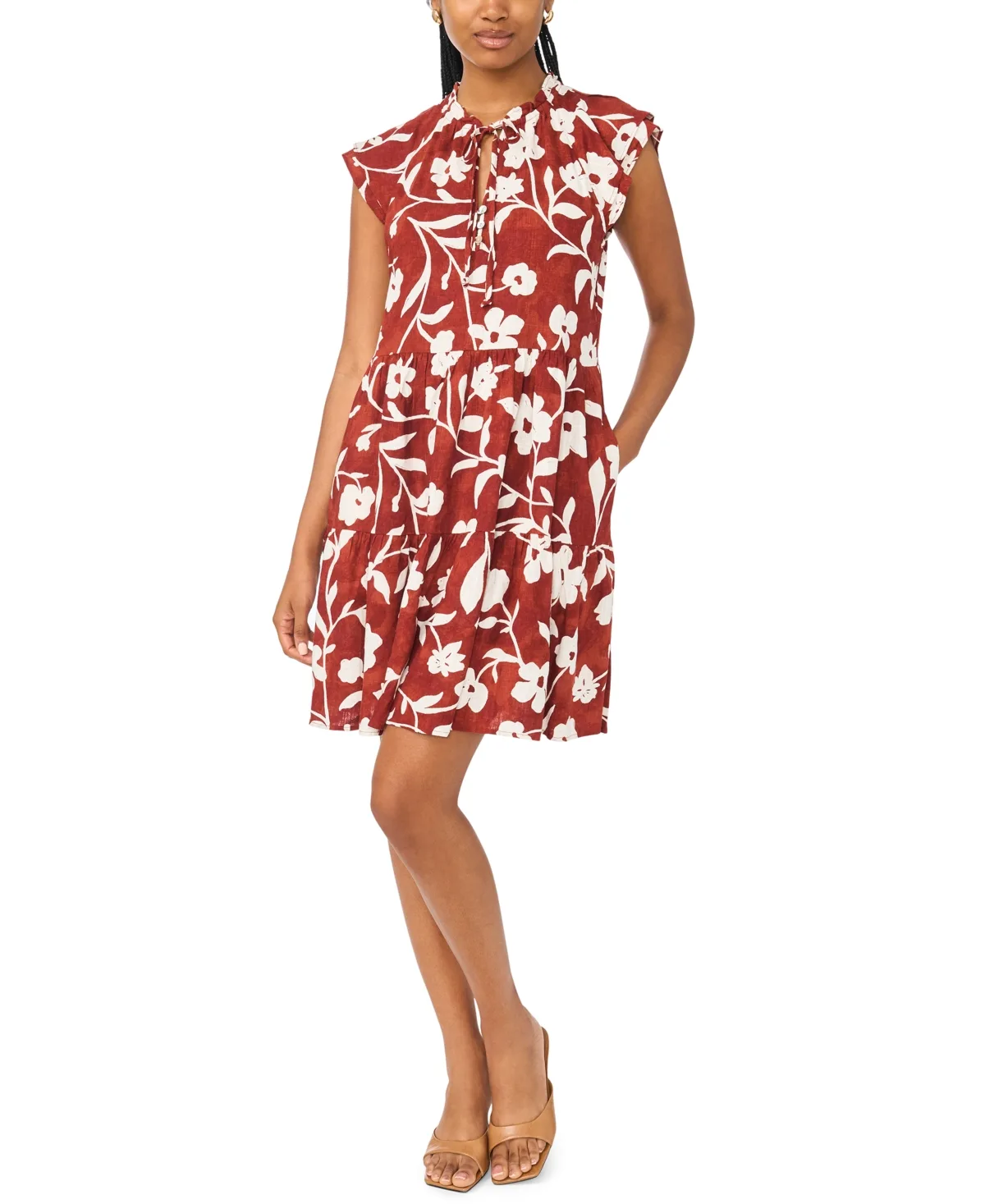 Floral Linen Blend Tiered Dress