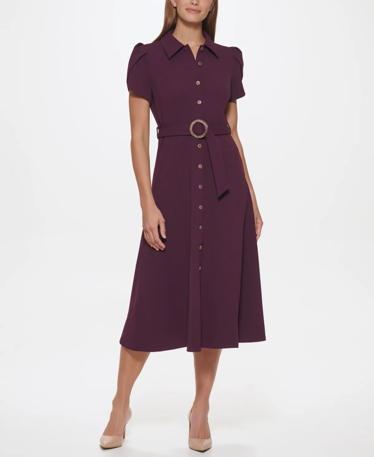 Puff-Sleeve Belted Midi Dress by Calvin Klein