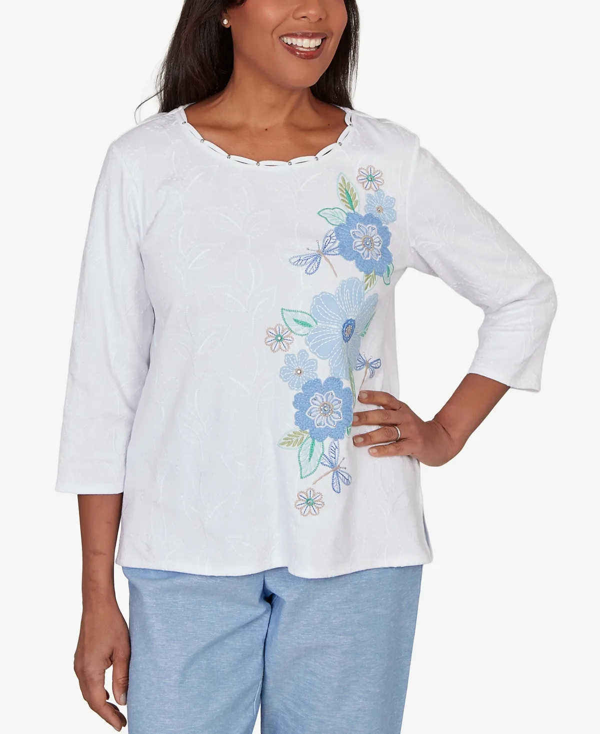 Caribbean Blues Embroidered Dragonfly Floral Top by Alfred Dunner