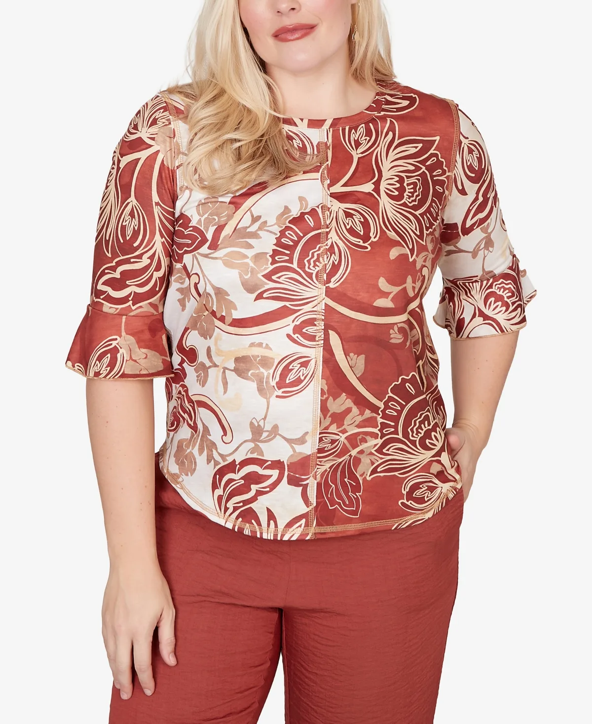 Spice Market Spliced Colors Scroll Print Crewneck Top