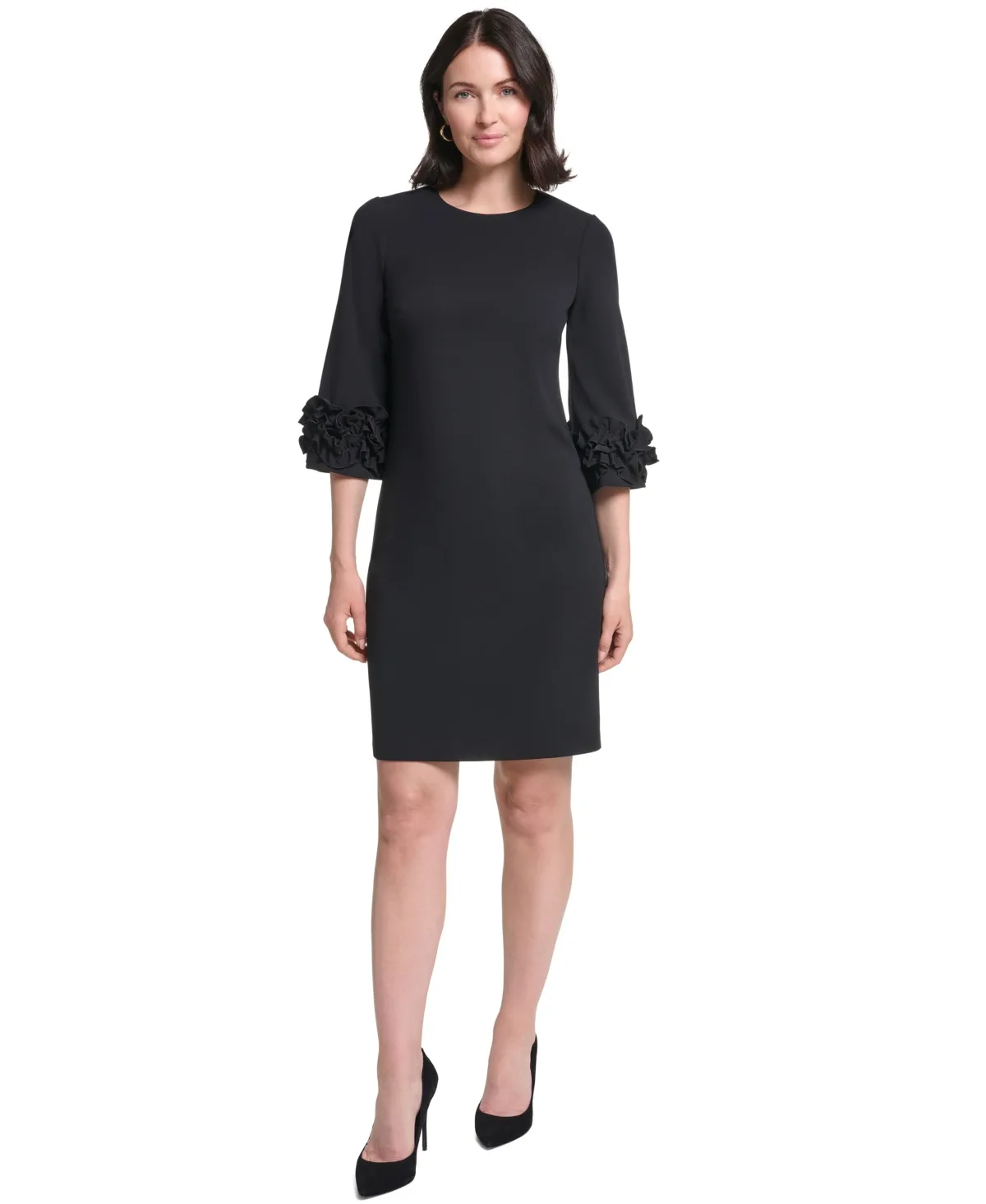 Ruffle-Sleeve Jewel Neck Dress