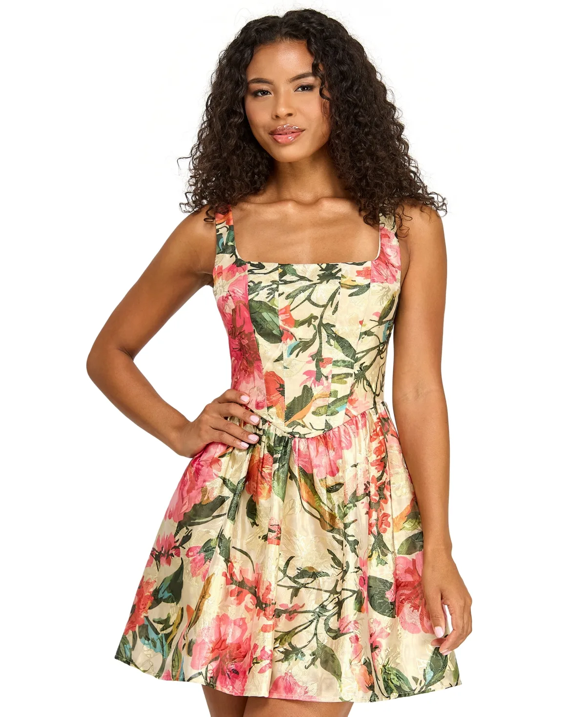 Printed Jacquard Square Neck Corset Drop-Waist Dress by Seni & Cade