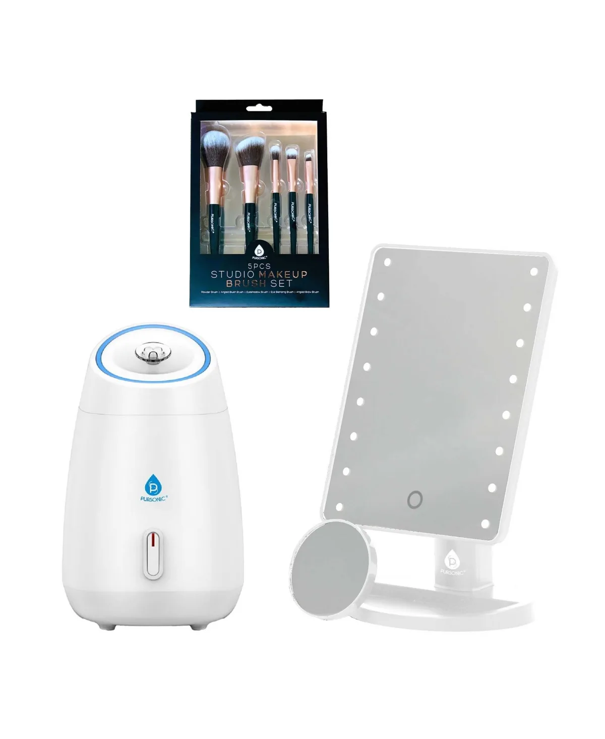 Glow & Go Beauty Bundle with Led Vanity Mirror, Facial Steamer & 5-Piece Brush Set by Pursonic