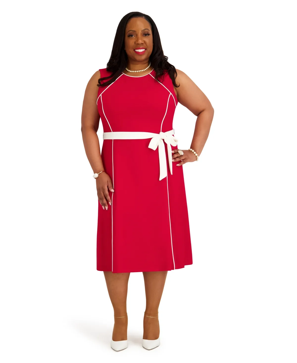Contrast Seam with Sash Crewneck Midi Dress by Kasper