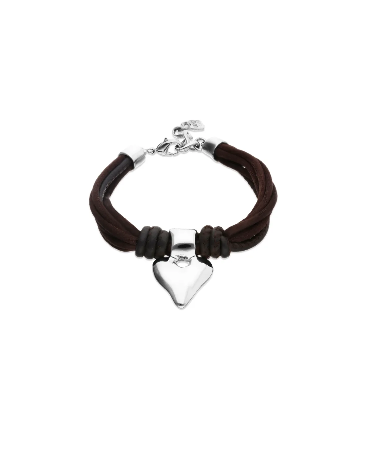 Bracelet with Mix of Silk Effect and Leather Brown Thread and Sterling Silver Heart Detail by Unode50