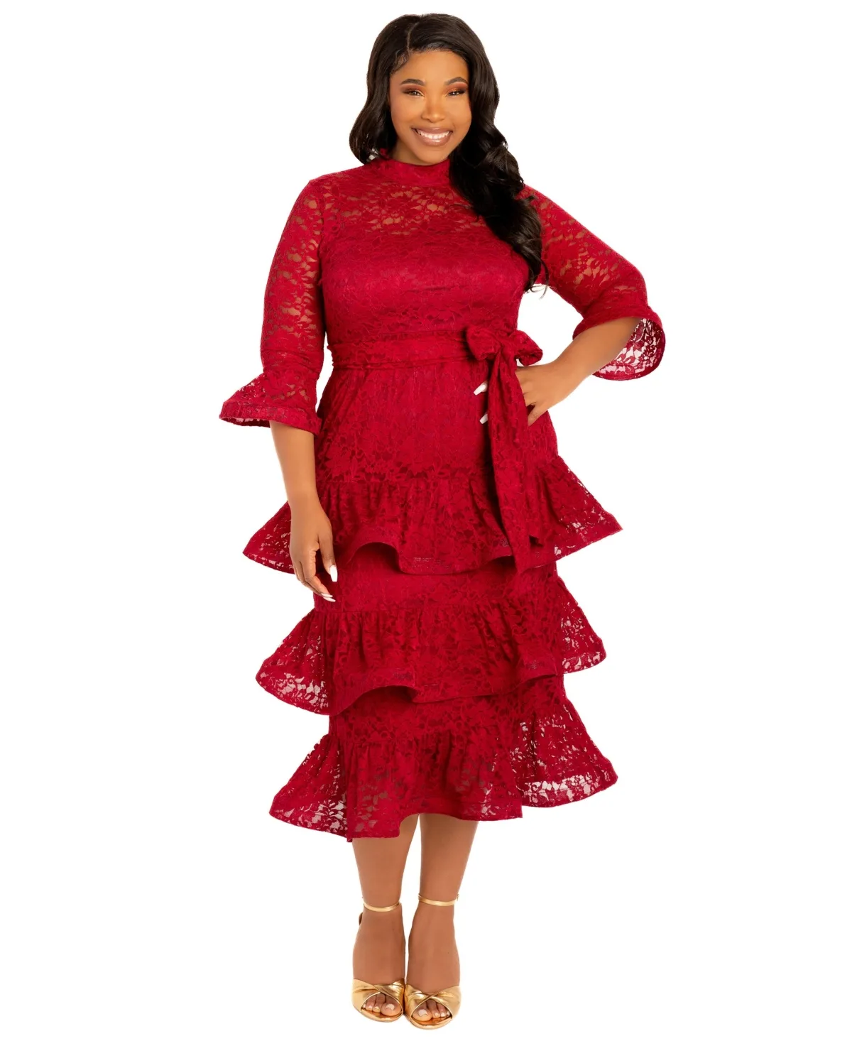 Lace Bell Sleeve Tiered Dress by Buxom Couture