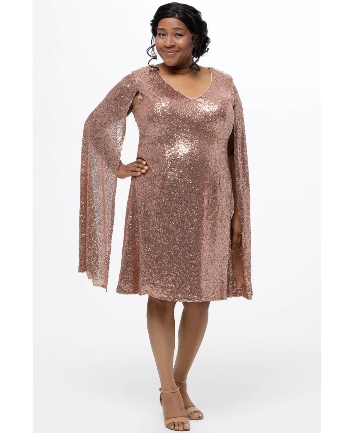 Sequin V-Neck Cape Sleeve Party Dress by Celebrations By Sydney's Closet