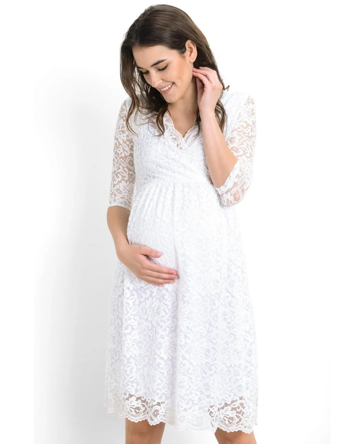 Maternity Floral Lace Wrap Nursing Dress with 3/4 Sleeves by Hello Miz