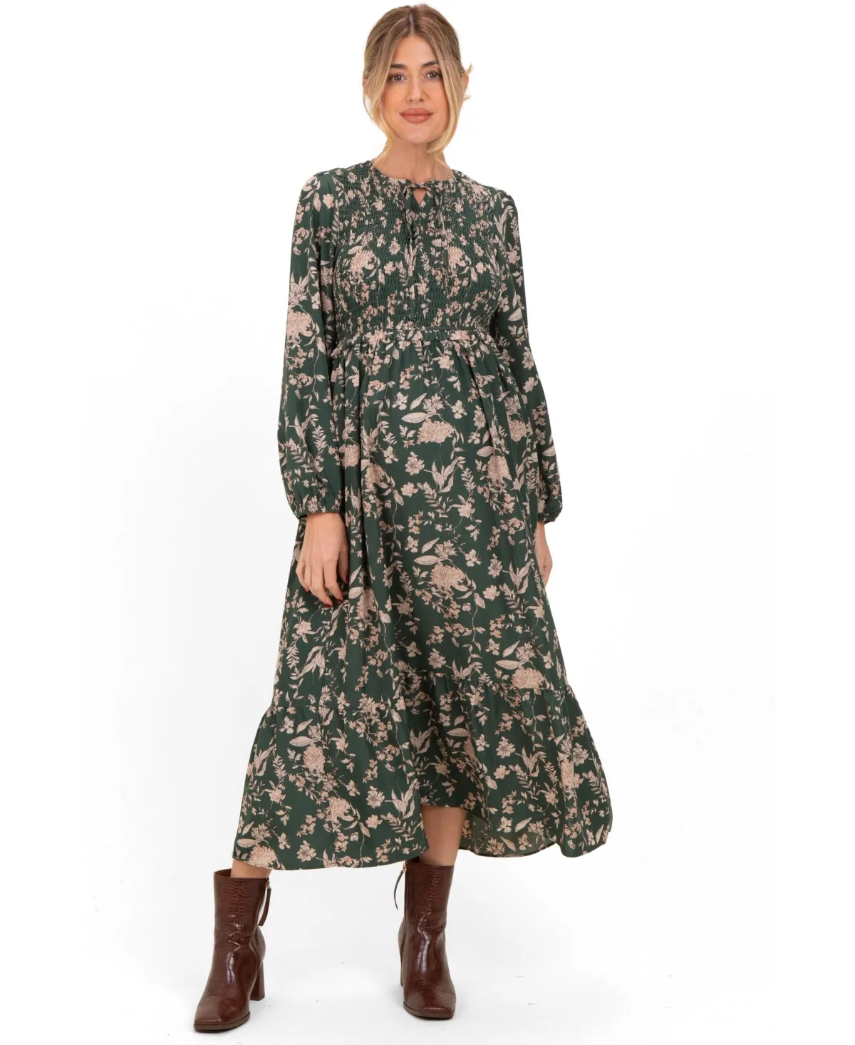 Floral Smocked Long Sleeve Midi Dress by Pinkblush