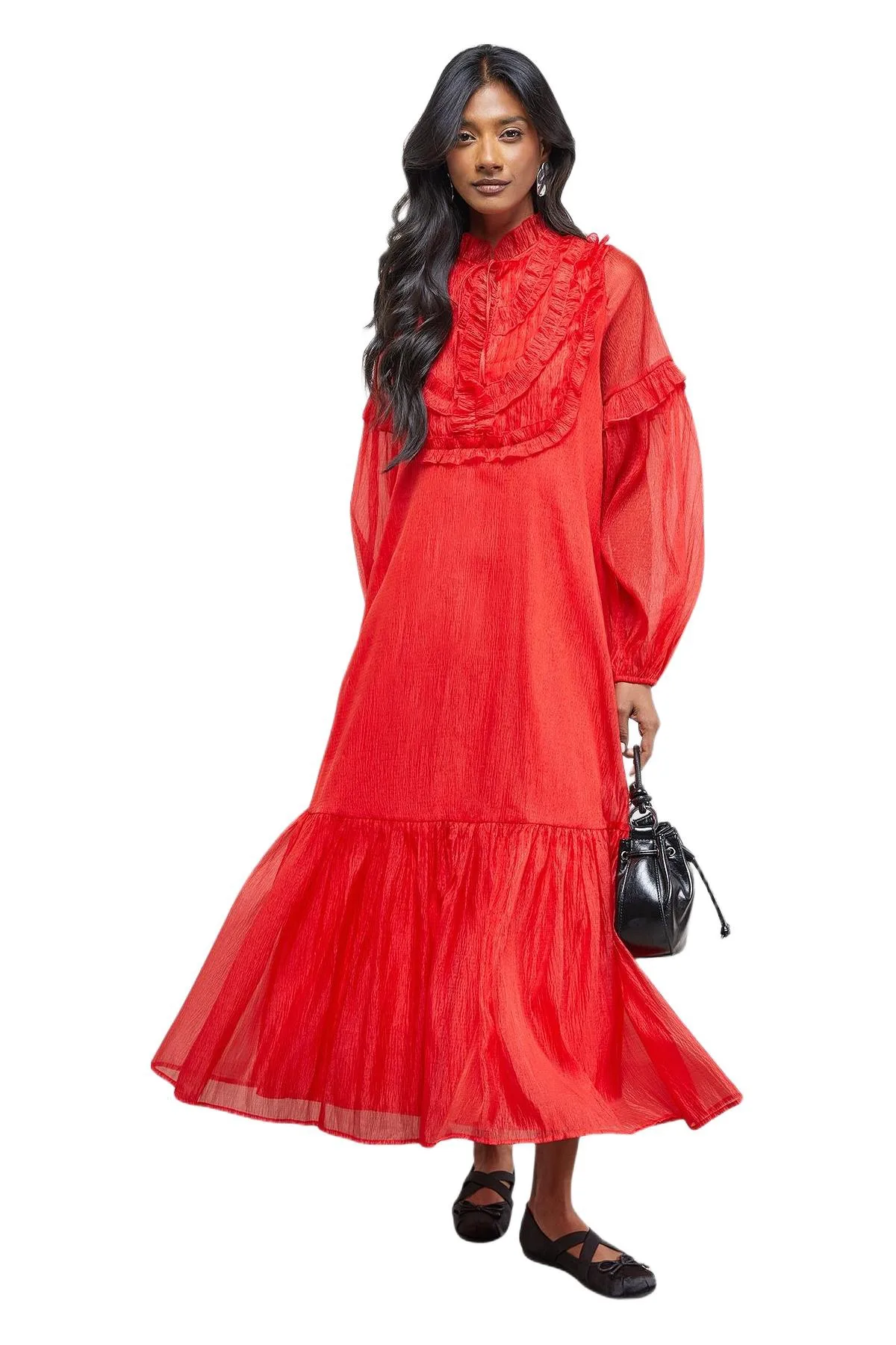 Crinkle Stripe Frill Midi Dress by Warehouse