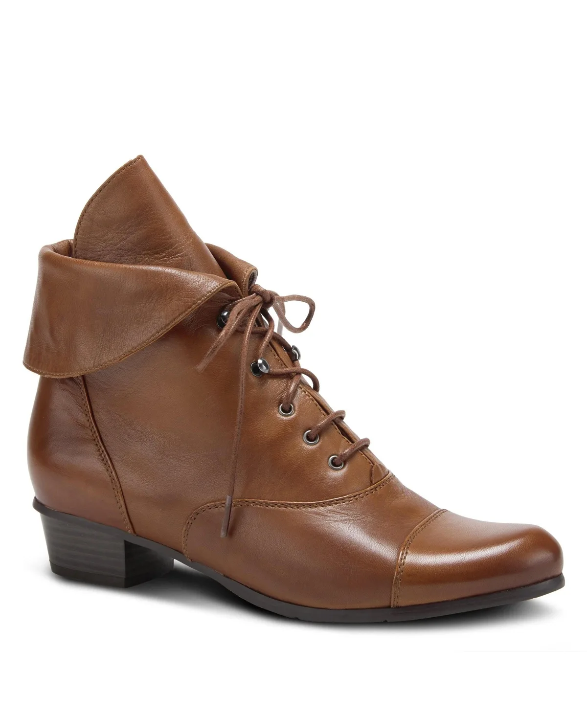Galil Polished Leather Lace-Up Bootie with Fold-Over Cuff and Stacked Heel by Spring Step