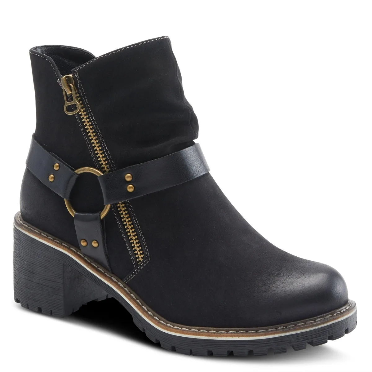 Firewood Lug Sole Booties with O-Ring Harness and Faux Fur Lining